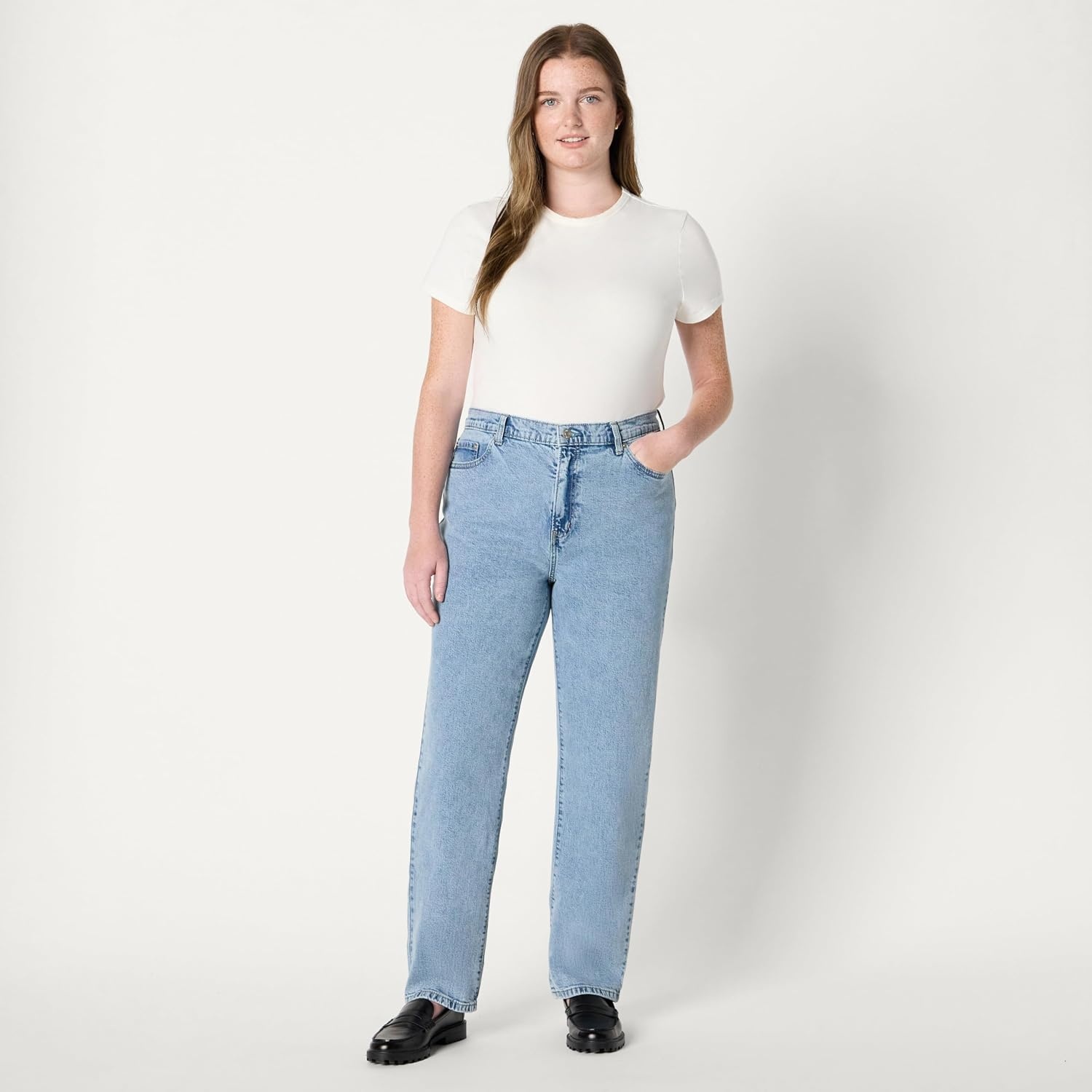 image:imageAmazon Essentials Womens HighRise Straight Leg JeanTinted Ice Light Wash