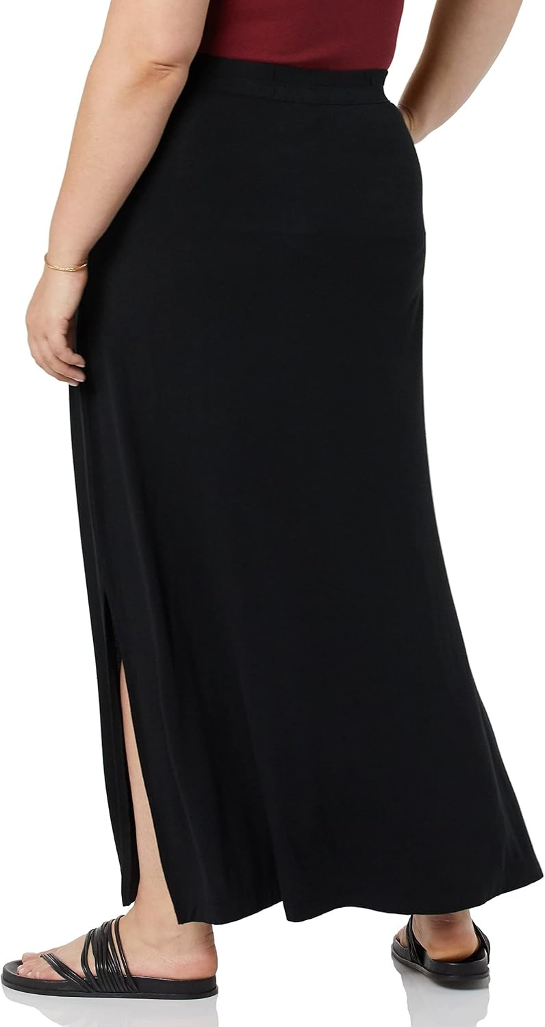 image:imageAmazon Essentials Womens Lightweight Knit Stretchy Maxi Skirt with Elastic Waistband Side SlitsBlack