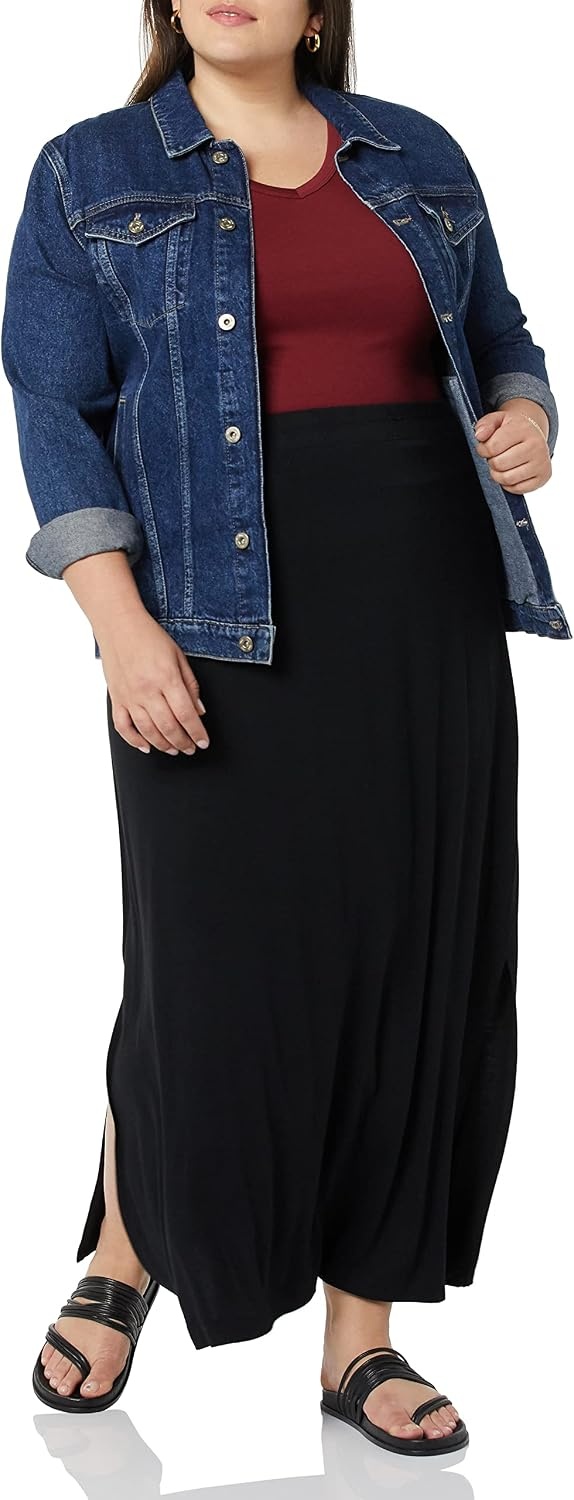 image:imageAmazon Essentials Womens Lightweight Knit Stretchy Maxi Skirt with Elastic Waistband Side SlitsBlack