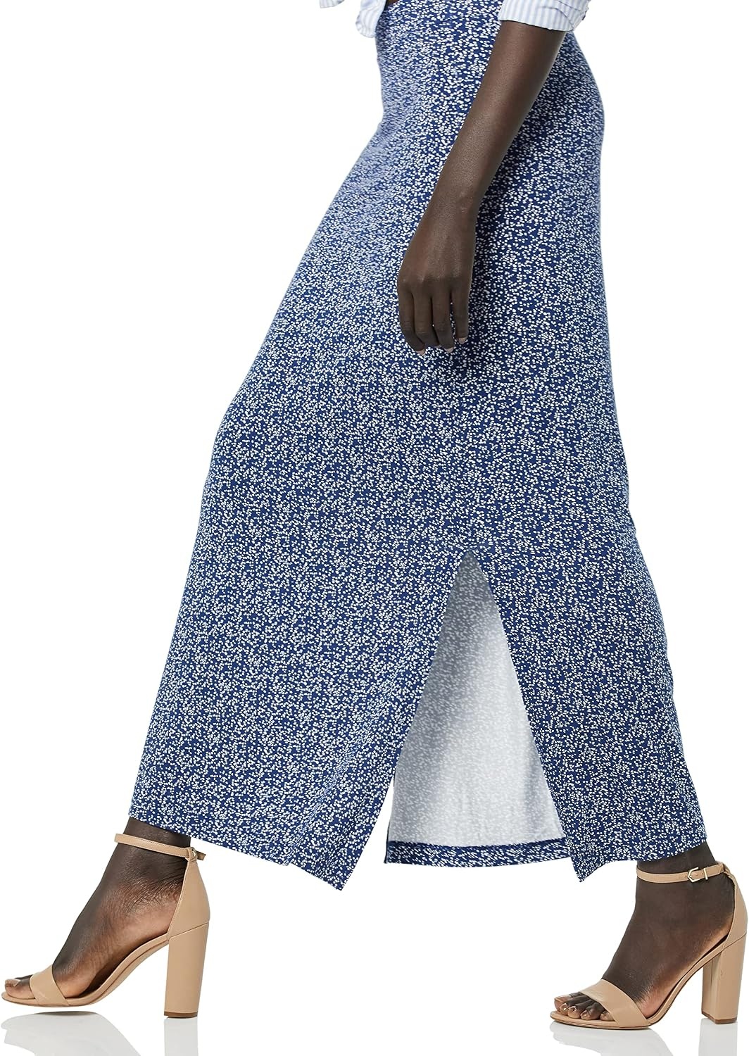 image:imageAmazon Essentials Womens Lightweight Knit Stretchy Maxi Skirt with Elastic Waistband Side SlitsNavy Animal Dot