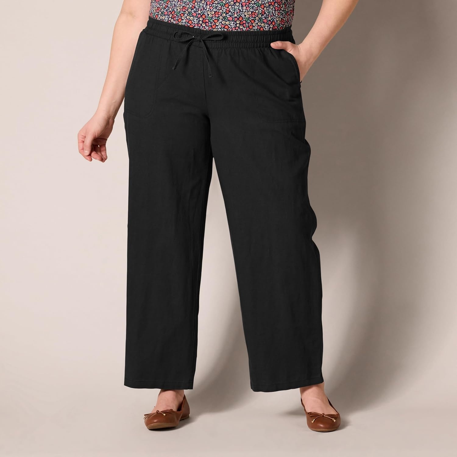 image:imageAmazon Essentials Womens Linen Blend Drawstring Relaxed Fit Wide Leg Pants Available in Plus SizeBlack