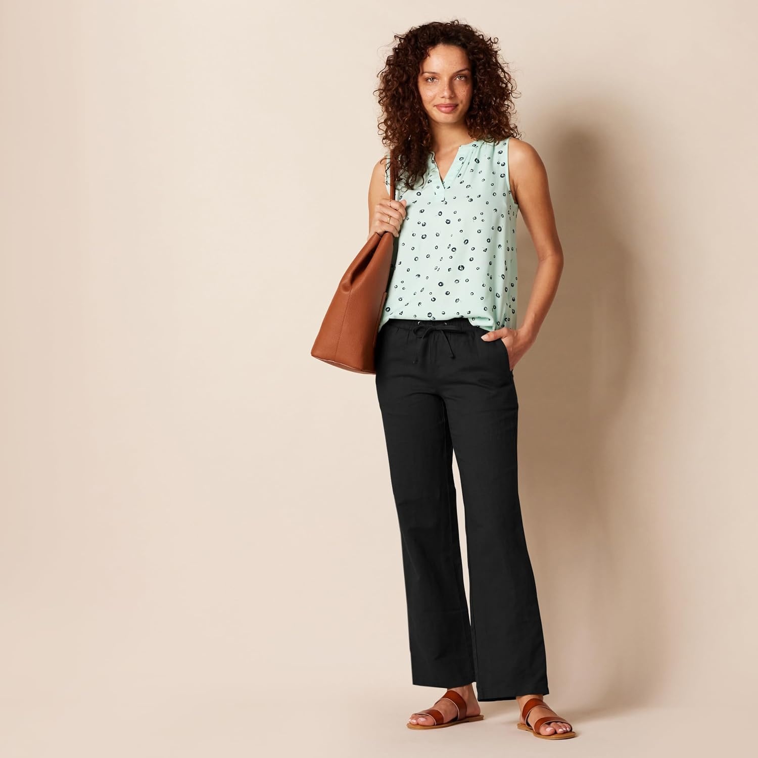 image:imageAmazon Essentials Womens Linen Blend Drawstring Relaxed Fit Wide Leg Pants Available in Plus SizeBlack