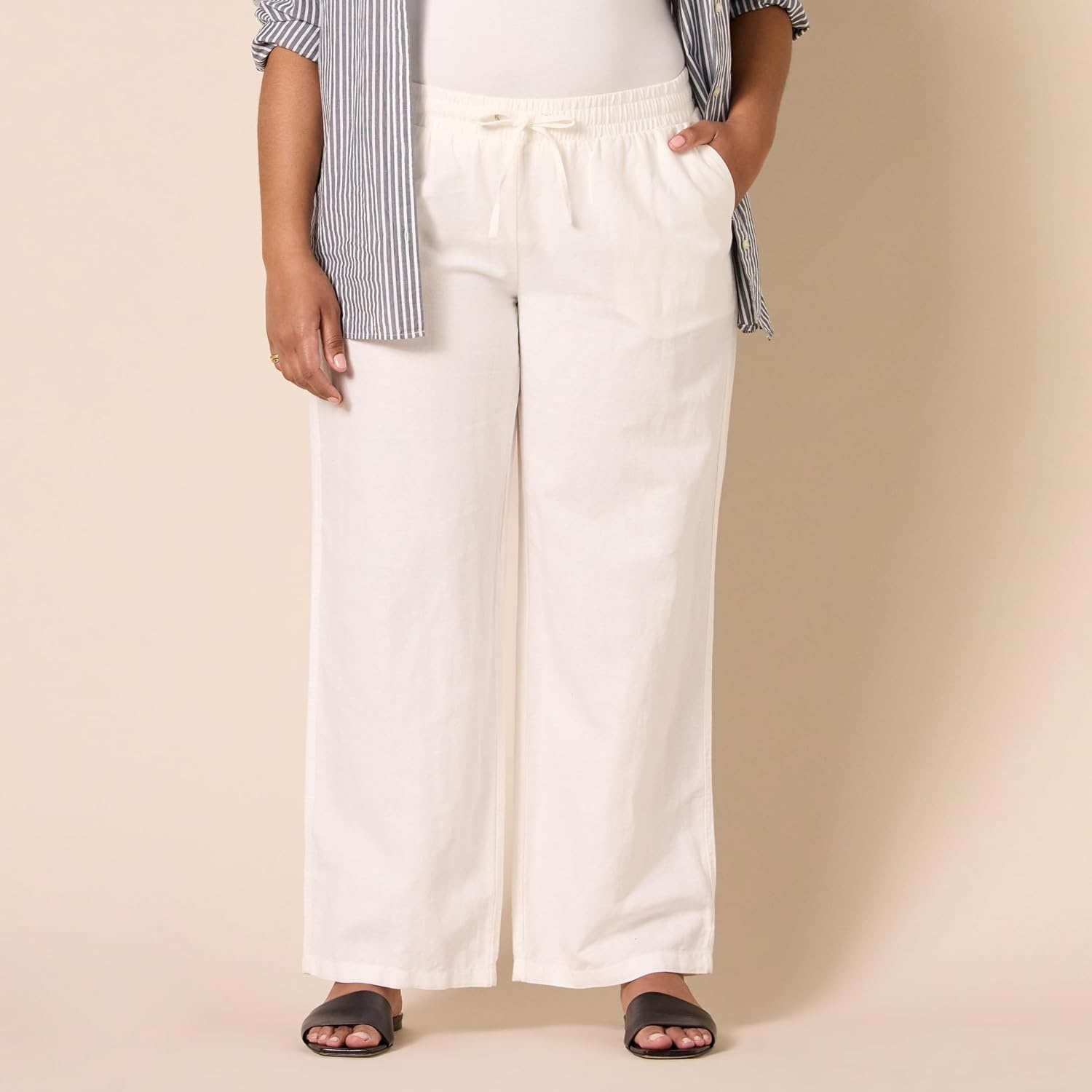 image:imageAmazon Essentials Womens Linen Blend Drawstring Relaxed Fit Wide Leg Pants Available in Plus SizeBright White