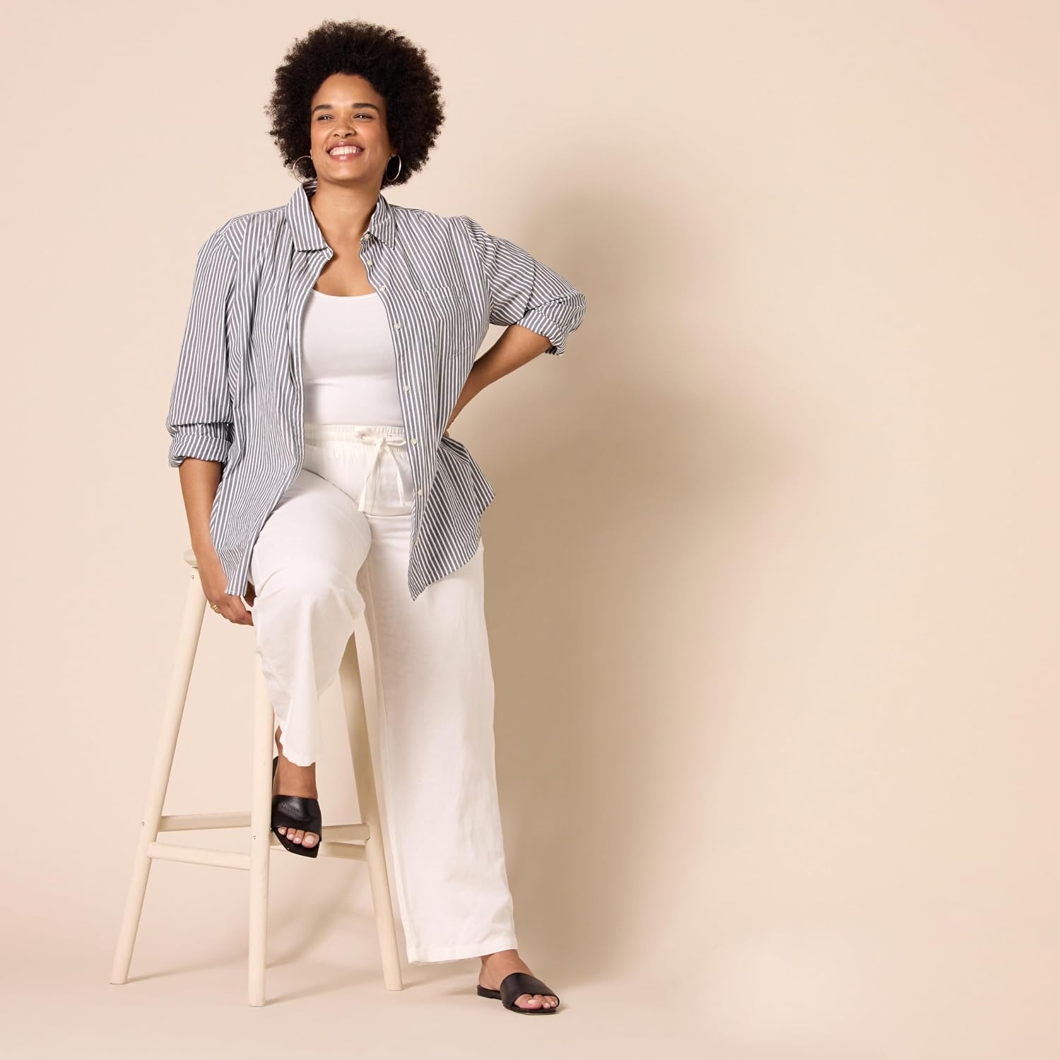 image:imageAmazon Essentials Womens Linen Blend Drawstring Relaxed Fit Wide Leg Pants Available in Plus SizeBright White