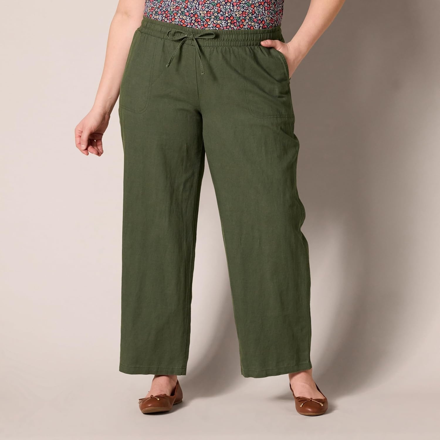 image:imageAmazon Essentials Womens Linen Blend Drawstring Relaxed Fit Wide Leg Pants Available in Plus SizeDark Olive
