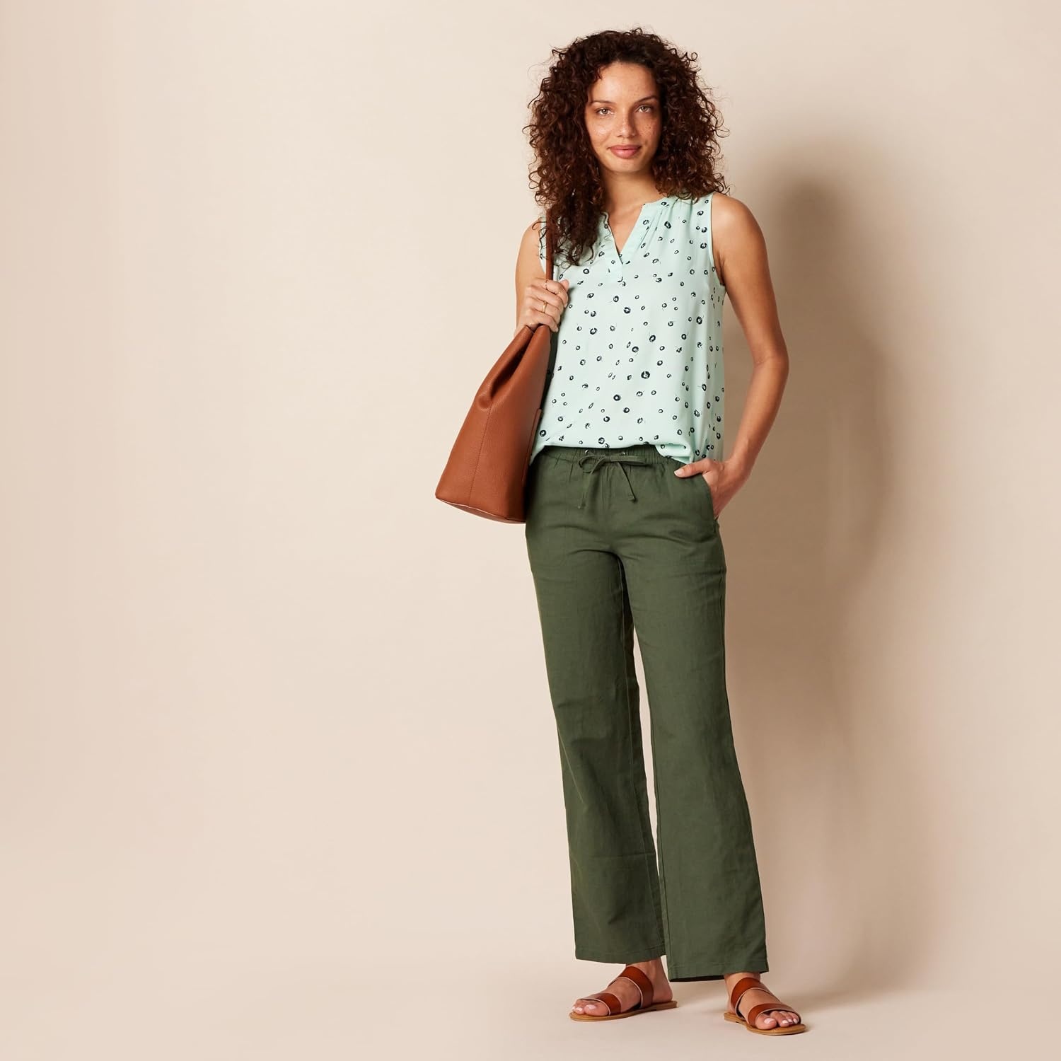 image:imageAmazon Essentials Womens Linen Blend Drawstring Relaxed Fit Wide Leg Pants Available in Plus SizeDark Olive
