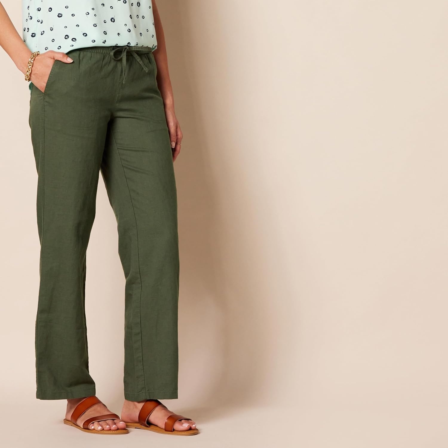 image:imageAmazon Essentials Womens Linen Blend Drawstring Relaxed Fit Wide Leg Pants Available in Plus SizeDark Olive