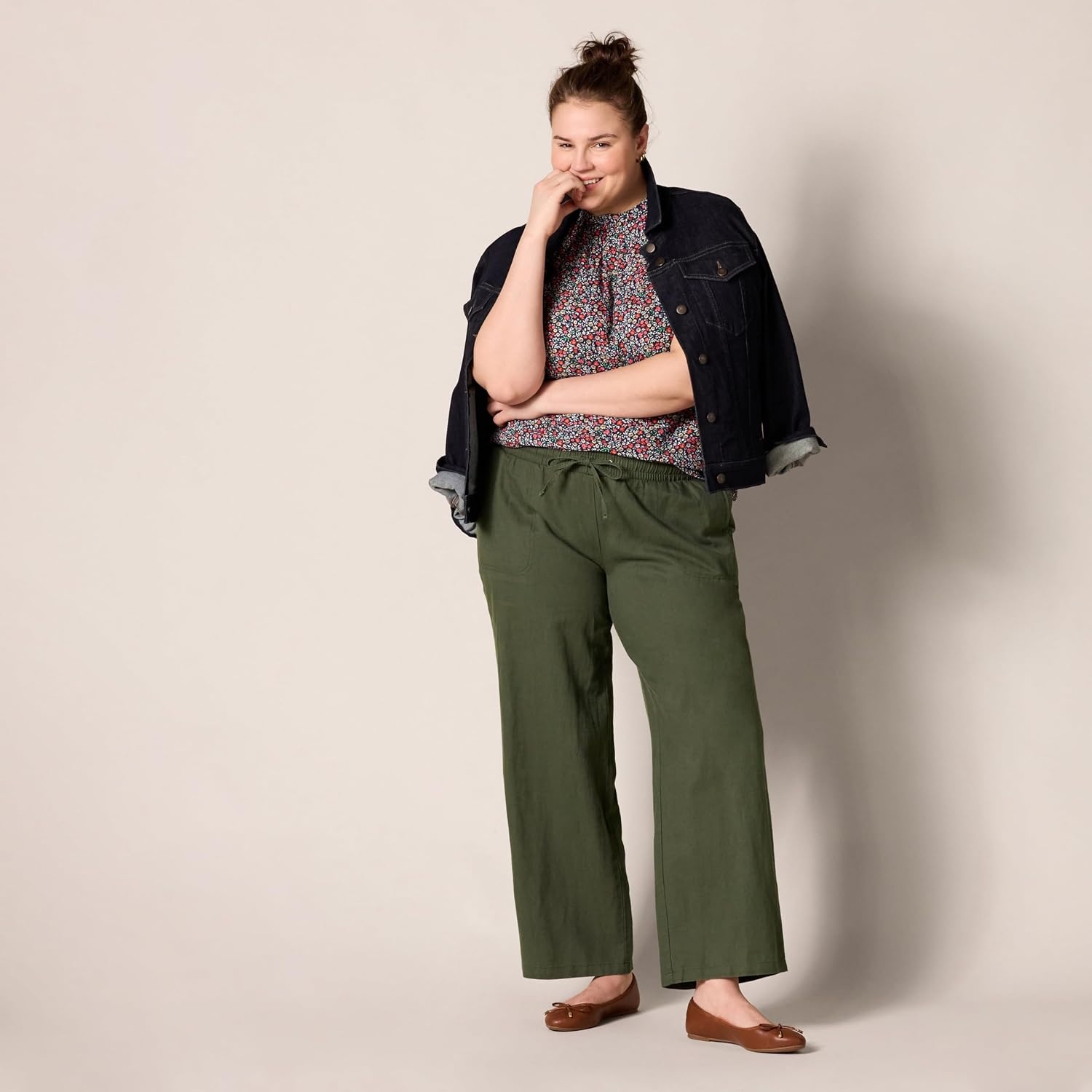 image:imageAmazon Essentials Womens Linen Blend Drawstring Relaxed Fit Wide Leg Pants Available in Plus SizeDark Olive
