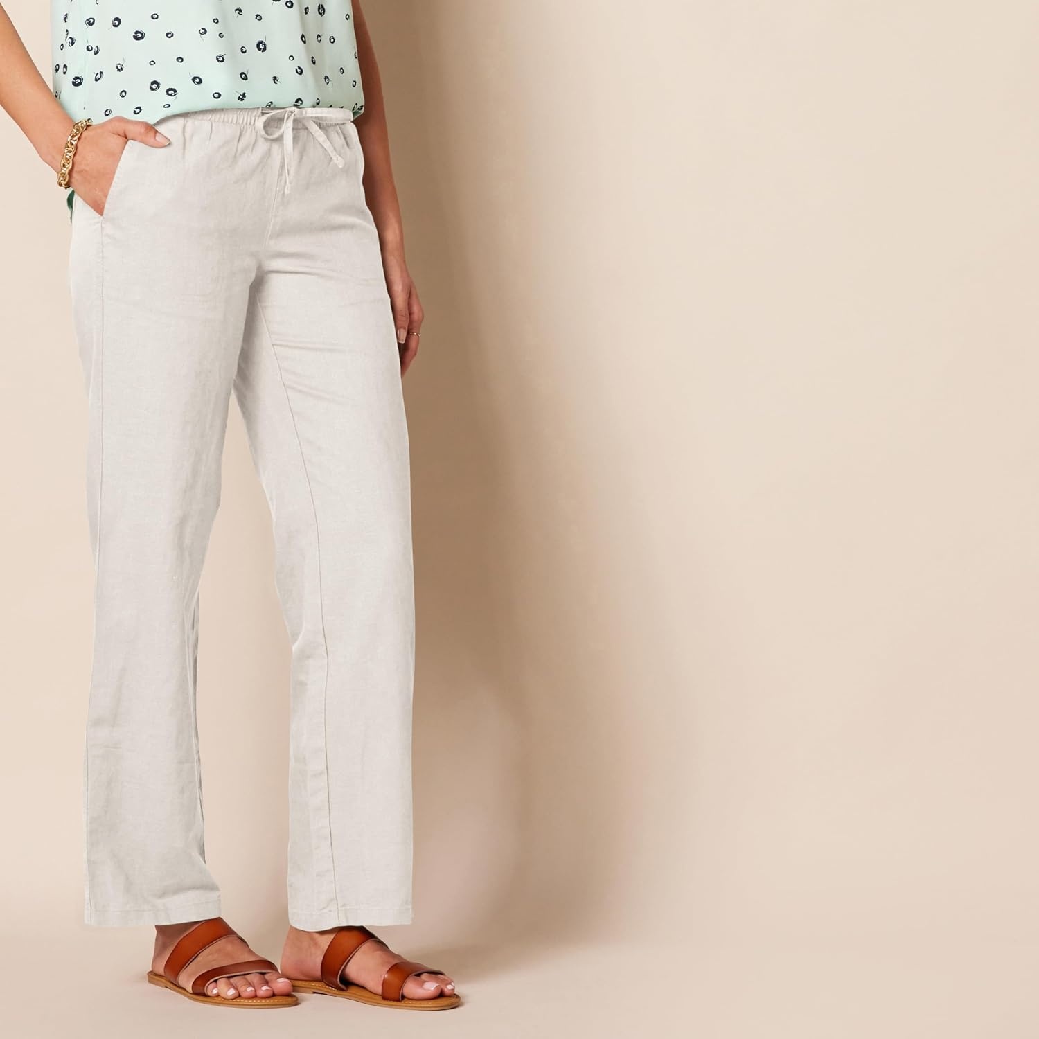 image:imageAmazon Essentials Womens Linen Blend Drawstring Relaxed Fit Wide Leg Pants Available in Plus SizeEcru