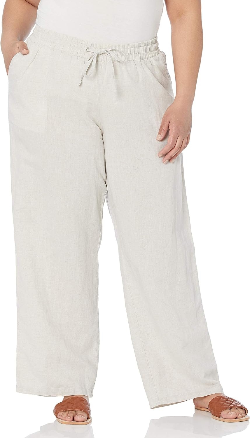 image:imageAmazon Essentials Womens Linen Blend Drawstring Relaxed Fit Wide Leg Pants Available in Plus SizeEcru