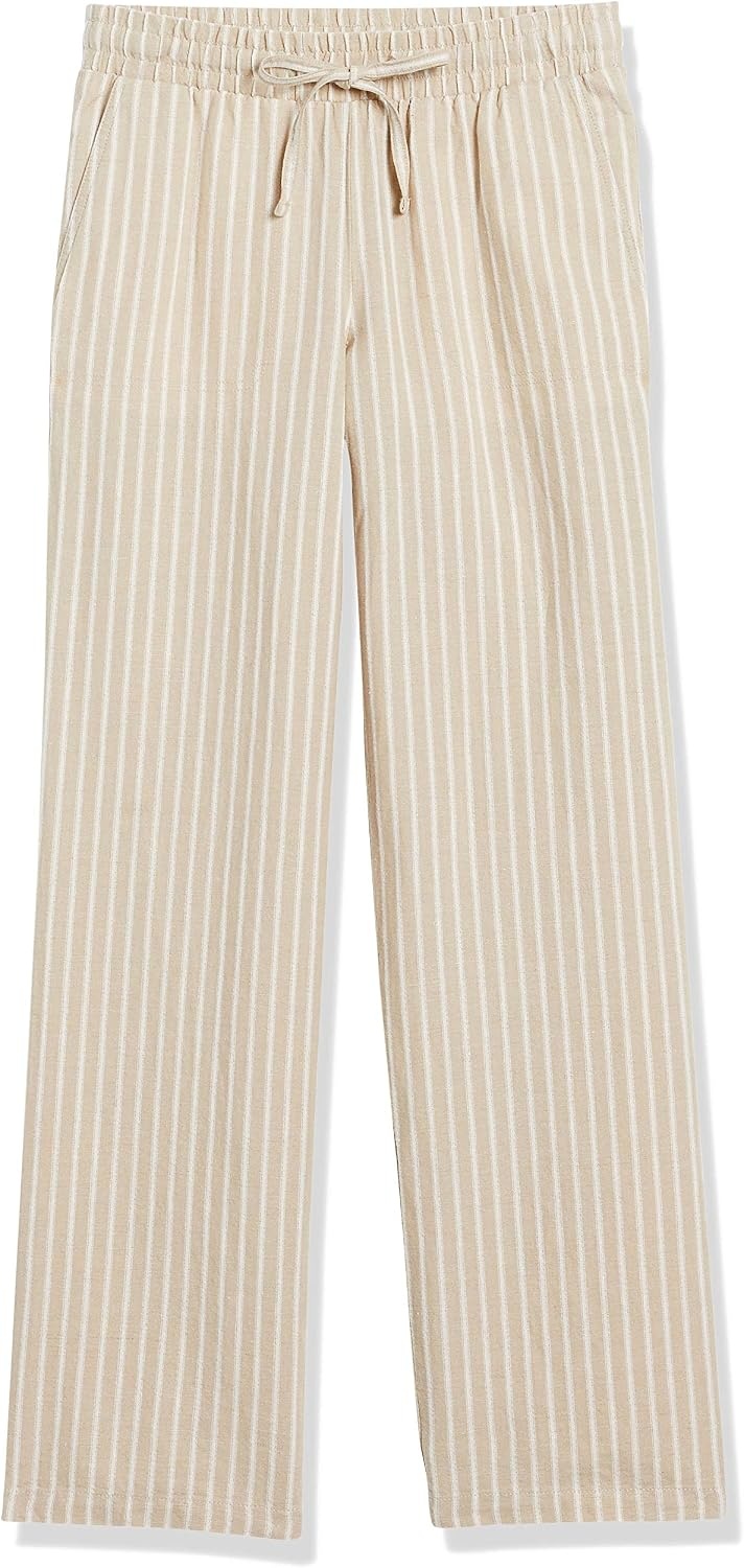 image:imageAmazon Essentials Womens Linen Blend Drawstring Relaxed Fit Wide Leg Pants Available in Plus SizeEcru Stripe