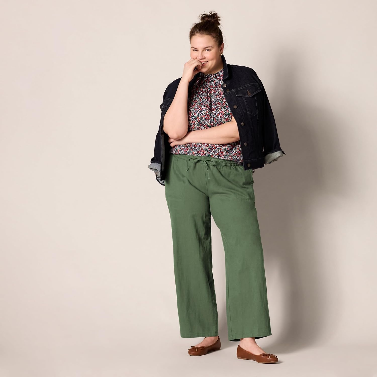 image:imageAmazon Essentials Womens Linen Blend Drawstring Relaxed Fit Wide Leg Pants Available in Plus SizeMilitary Green