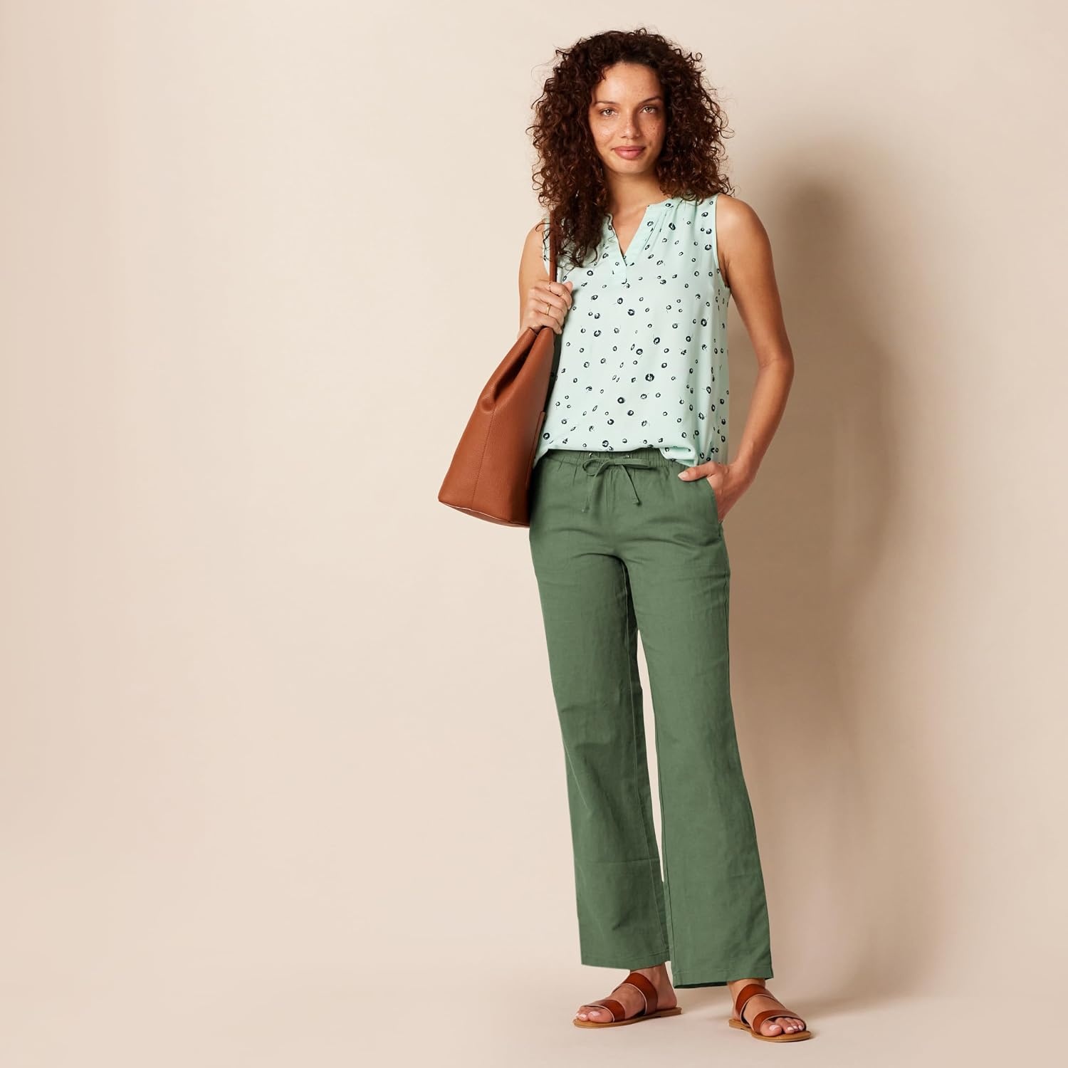 image:imageAmazon Essentials Womens Linen Blend Drawstring Relaxed Fit Wide Leg Pants Available in Plus SizeMilitary Green