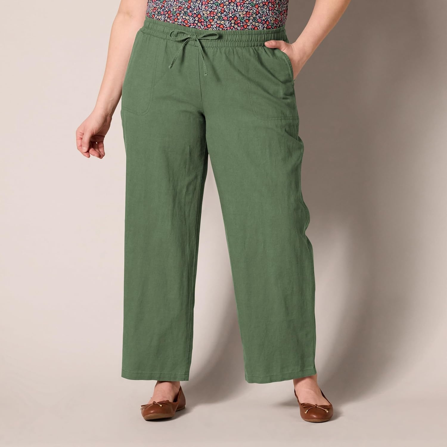 image:imageAmazon Essentials Womens Linen Blend Drawstring Relaxed Fit Wide Leg Pants Available in Plus SizeMilitary Green