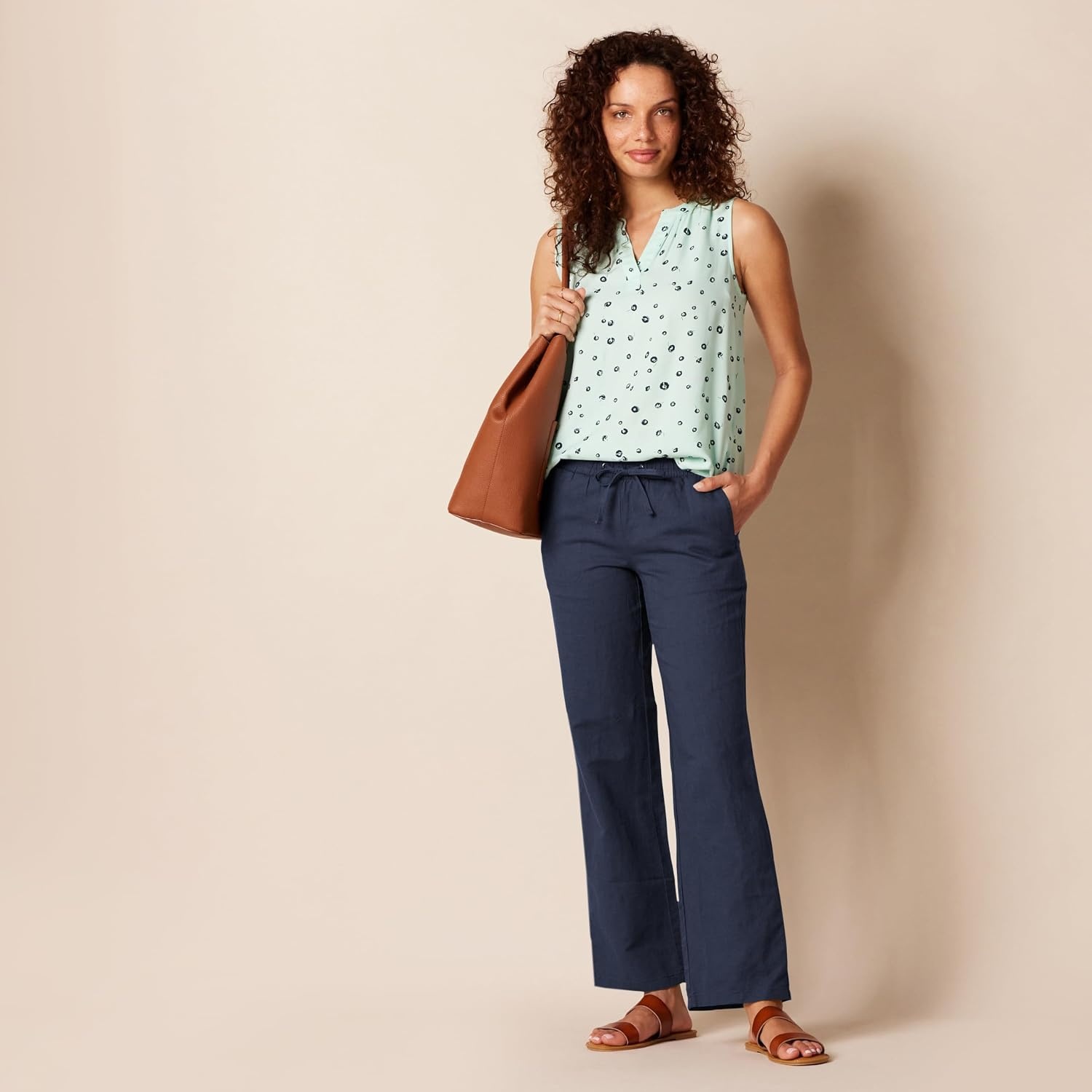 image:imageAmazon Essentials Womens Linen Blend Drawstring Relaxed Fit Wide Leg Pants Available in Plus SizeNavy