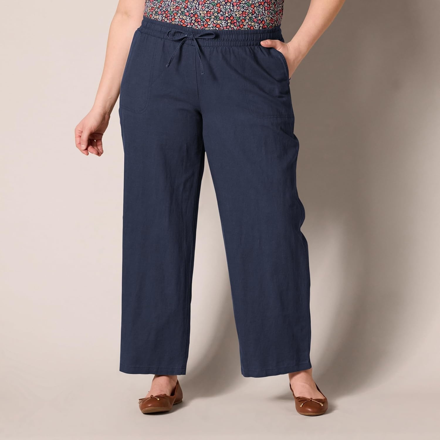 image:imageAmazon Essentials Womens Linen Blend Drawstring Relaxed Fit Wide Leg Pants Available in Plus SizeNavy