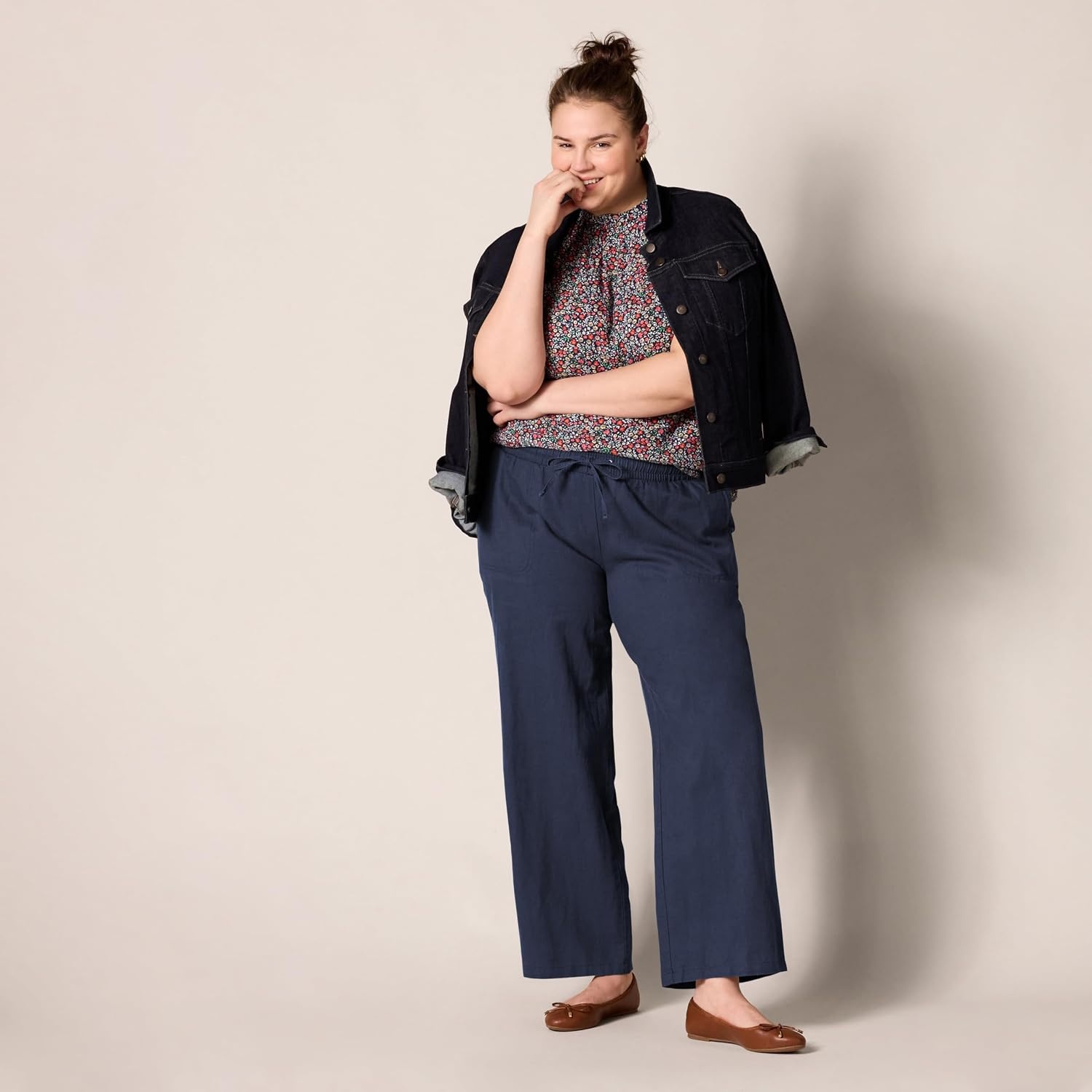 image:imageAmazon Essentials Womens Linen Blend Drawstring Relaxed Fit Wide Leg Pants Available in Plus SizeNavy