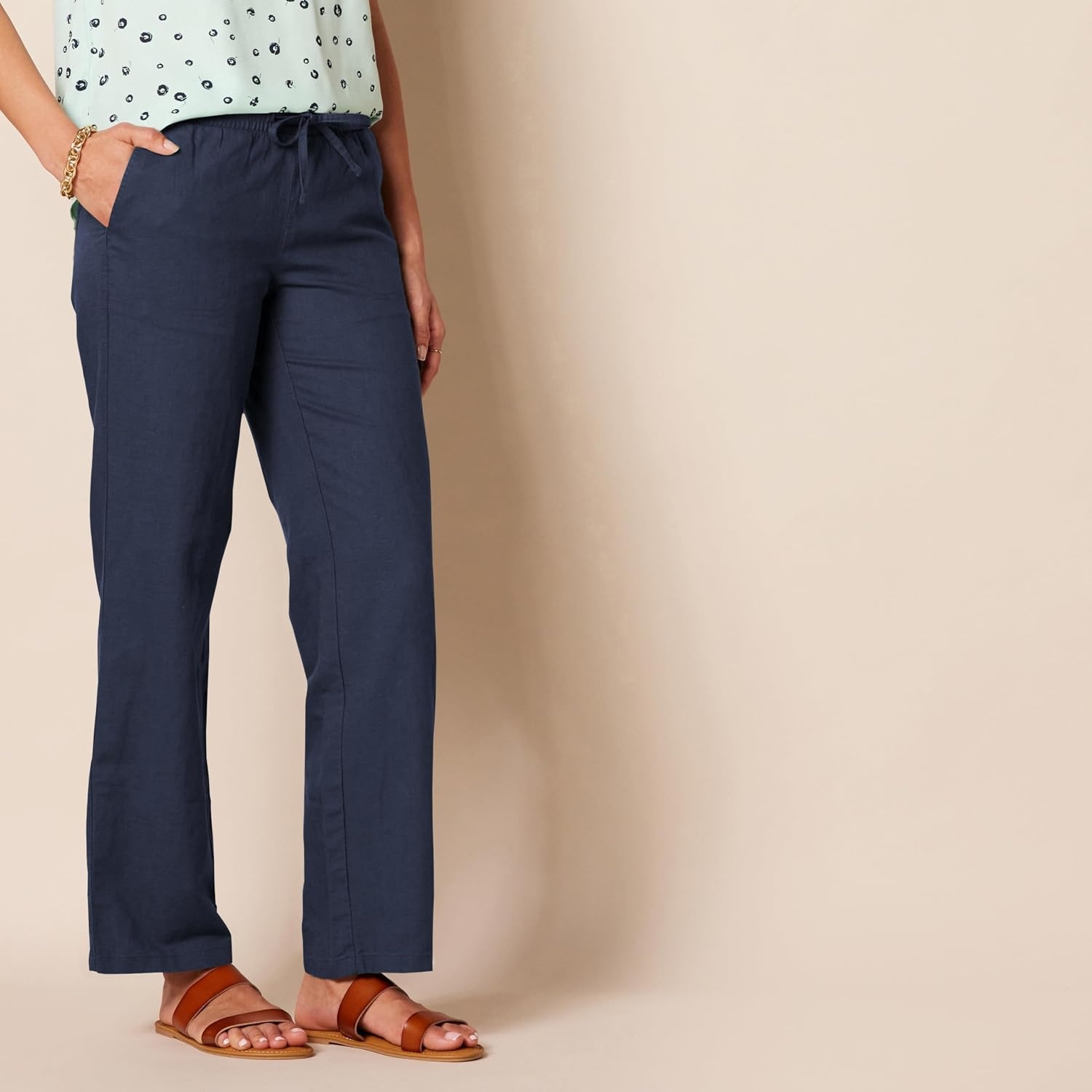 image:imageAmazon Essentials Womens Linen Blend Drawstring Relaxed Fit Wide Leg Pants Available in Plus SizeNavy