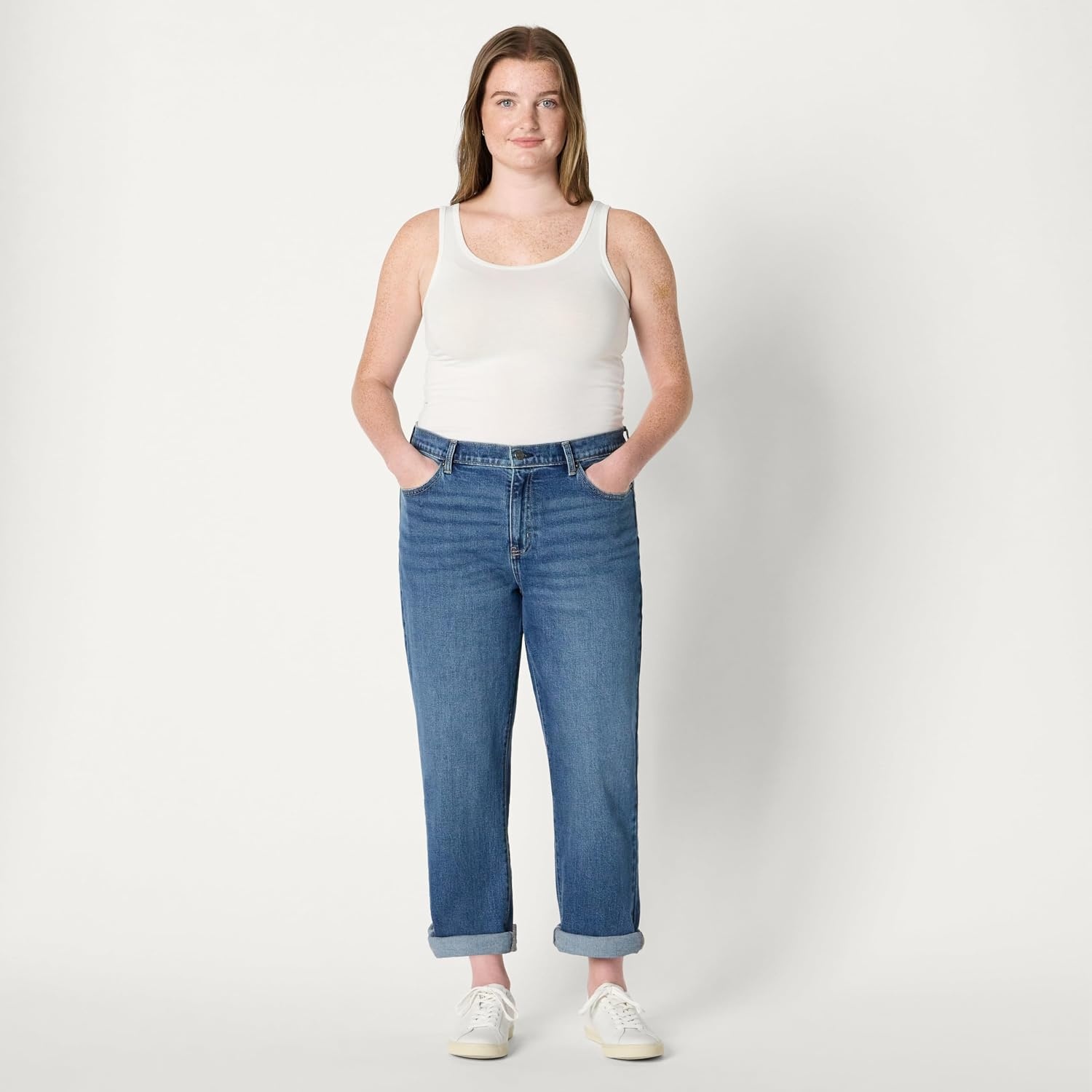 image:imageAmazon Essentials Womens Low Stretch MidRise ClassicRoll Boyfriend Crop JeansAsh Blue Wash