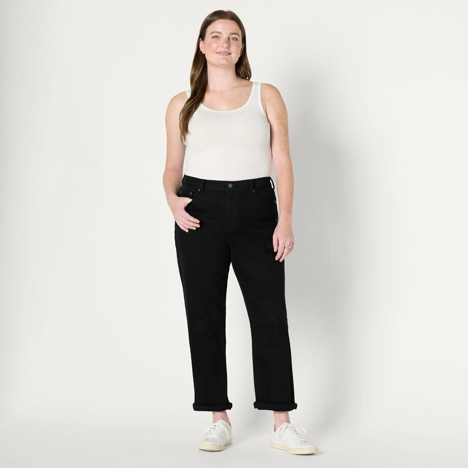image:imageAmazon Essentials Womens Low Stretch MidRise ClassicRoll Boyfriend Crop JeansBlack