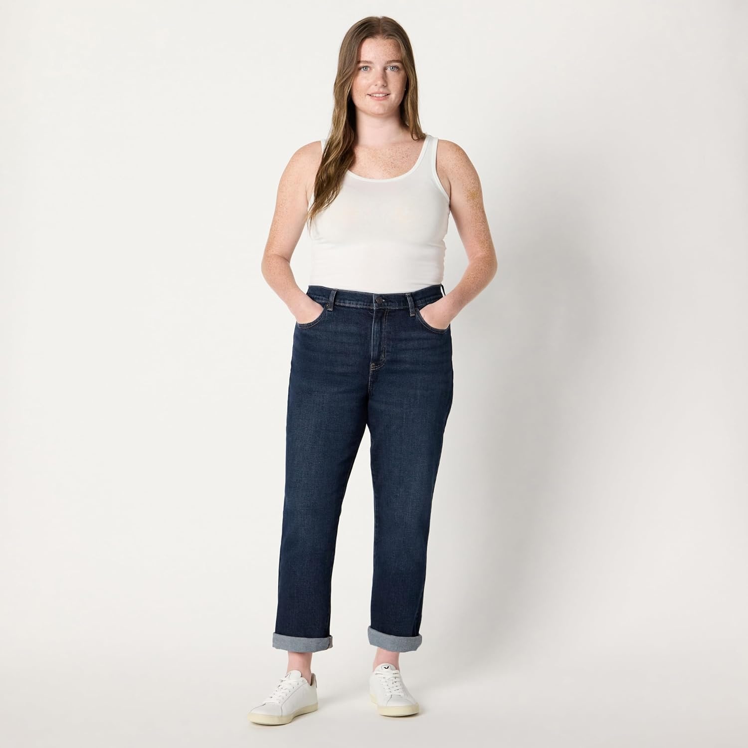 image:imageAmazon Essentials Womens Low Stretch MidRise ClassicRoll Boyfriend Crop JeansDark Midnight Wash