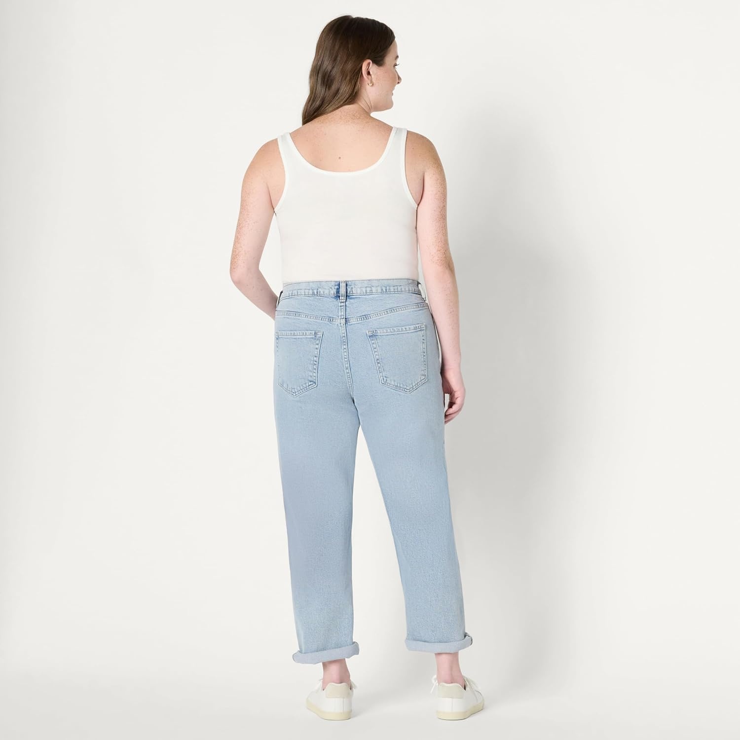 image:imageAmazon Essentials Womens Low Stretch MidRise ClassicRoll Boyfriend Crop JeansIced Blue Light Wash