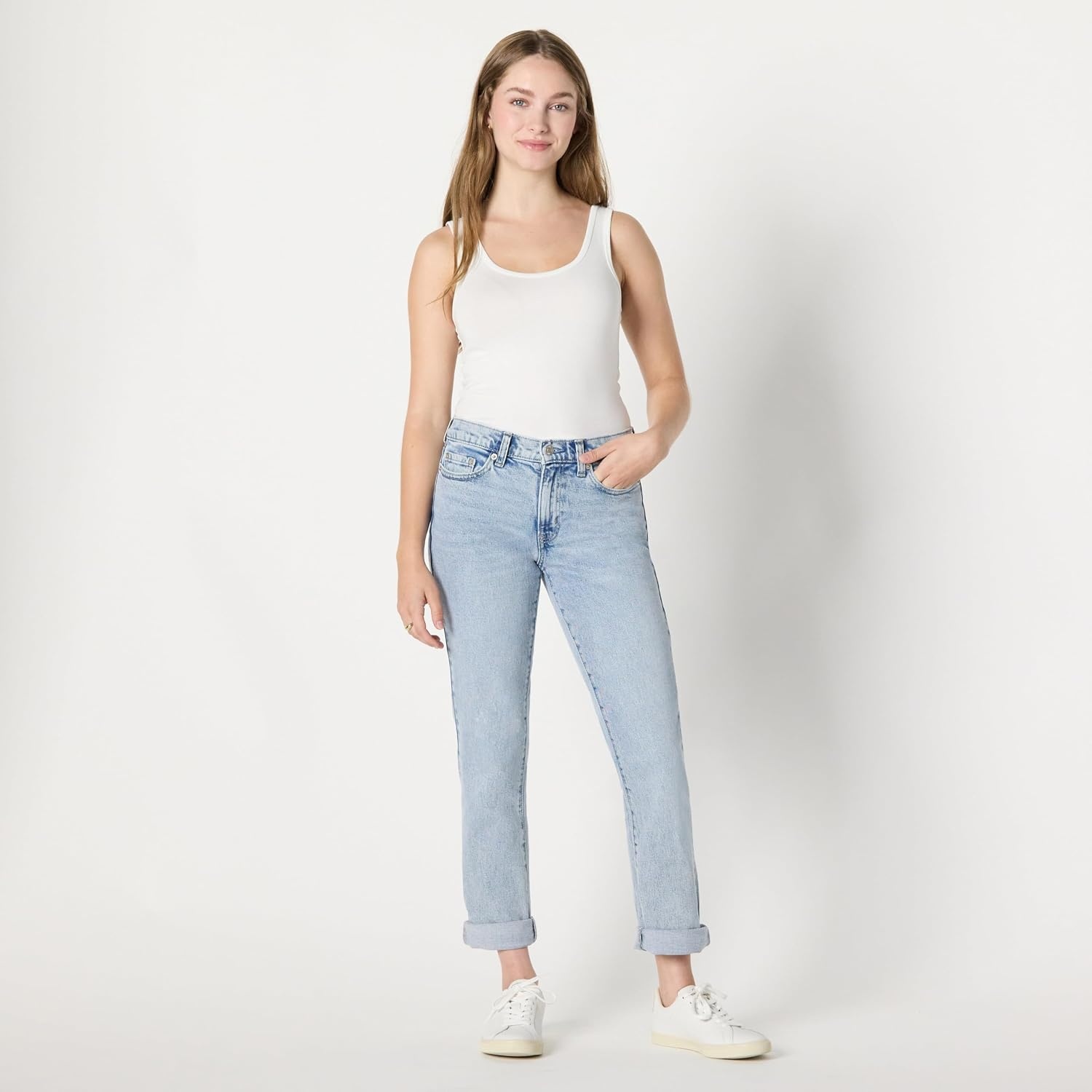 image:imageAmazon Essentials Womens Low Stretch MidRise ClassicRoll Boyfriend Crop JeansIced Blue Light Wash