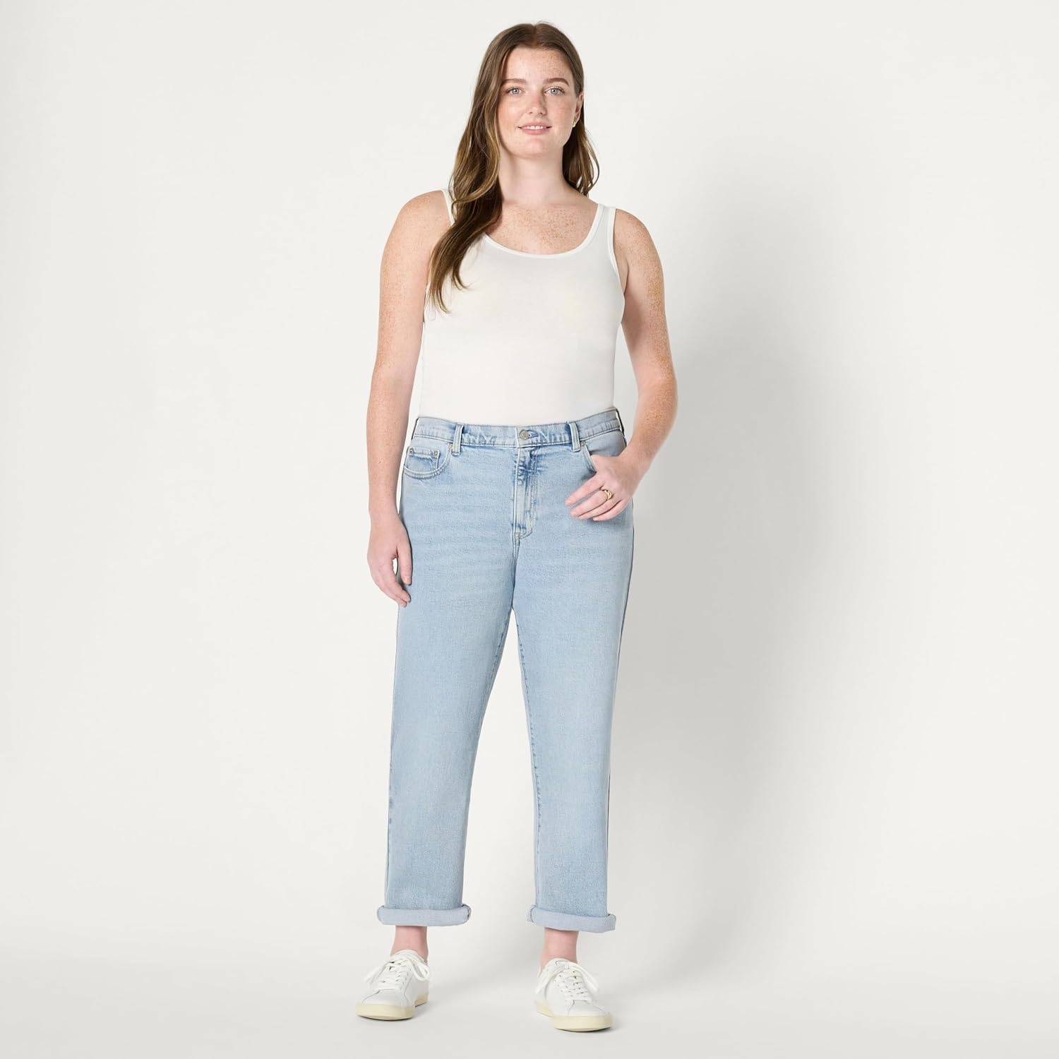 image:imageAmazon Essentials Womens Low Stretch MidRise ClassicRoll Boyfriend Crop JeansIced Blue Light Wash