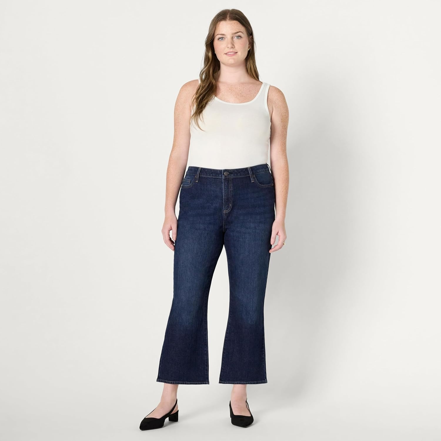 image:imageAmazon Essentials Womens Medium Stretch MidRise FashionForward Kick Crop JeansDark Shadow Wash