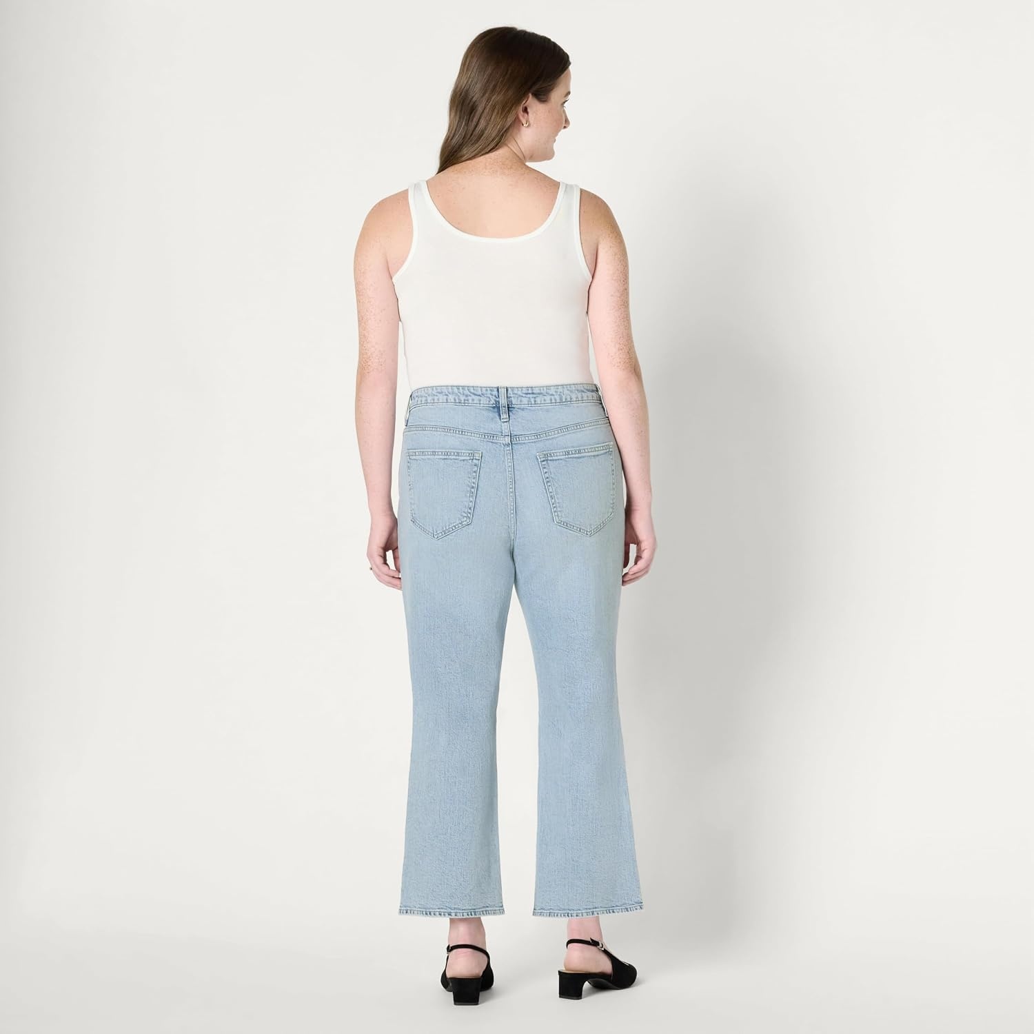 image:imageAmazon Essentials Womens Medium Stretch MidRise FashionForward Kick Crop JeansIced Blue Light Wash