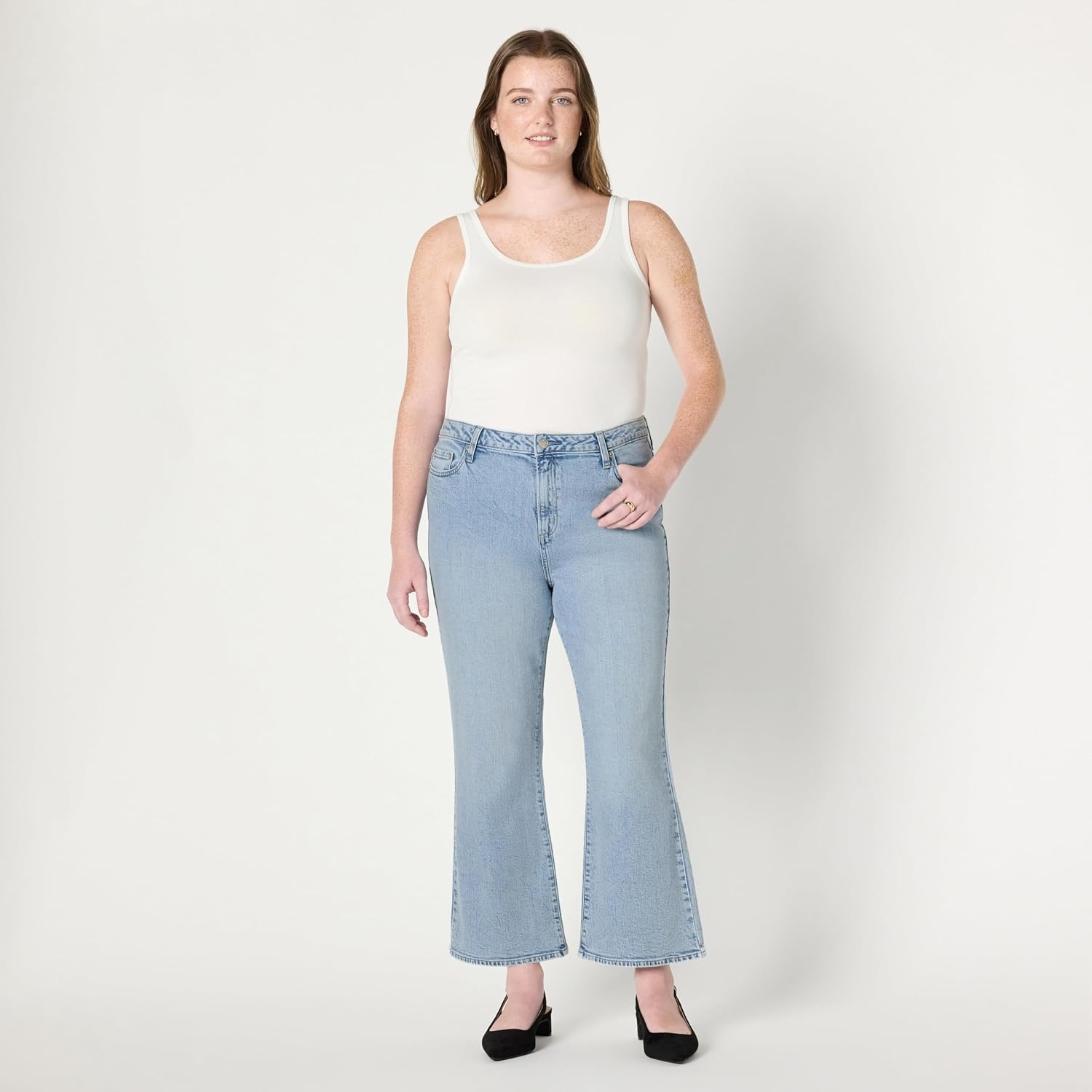 image:imageAmazon Essentials Womens Medium Stretch MidRise FashionForward Kick Crop JeansIced Blue Light Wash