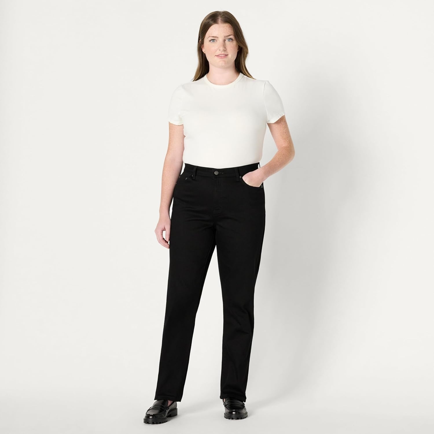 image:imageAmazon Essentials Womens Medium Stretch SlimFit MidRise Straight Leg JeansBlack