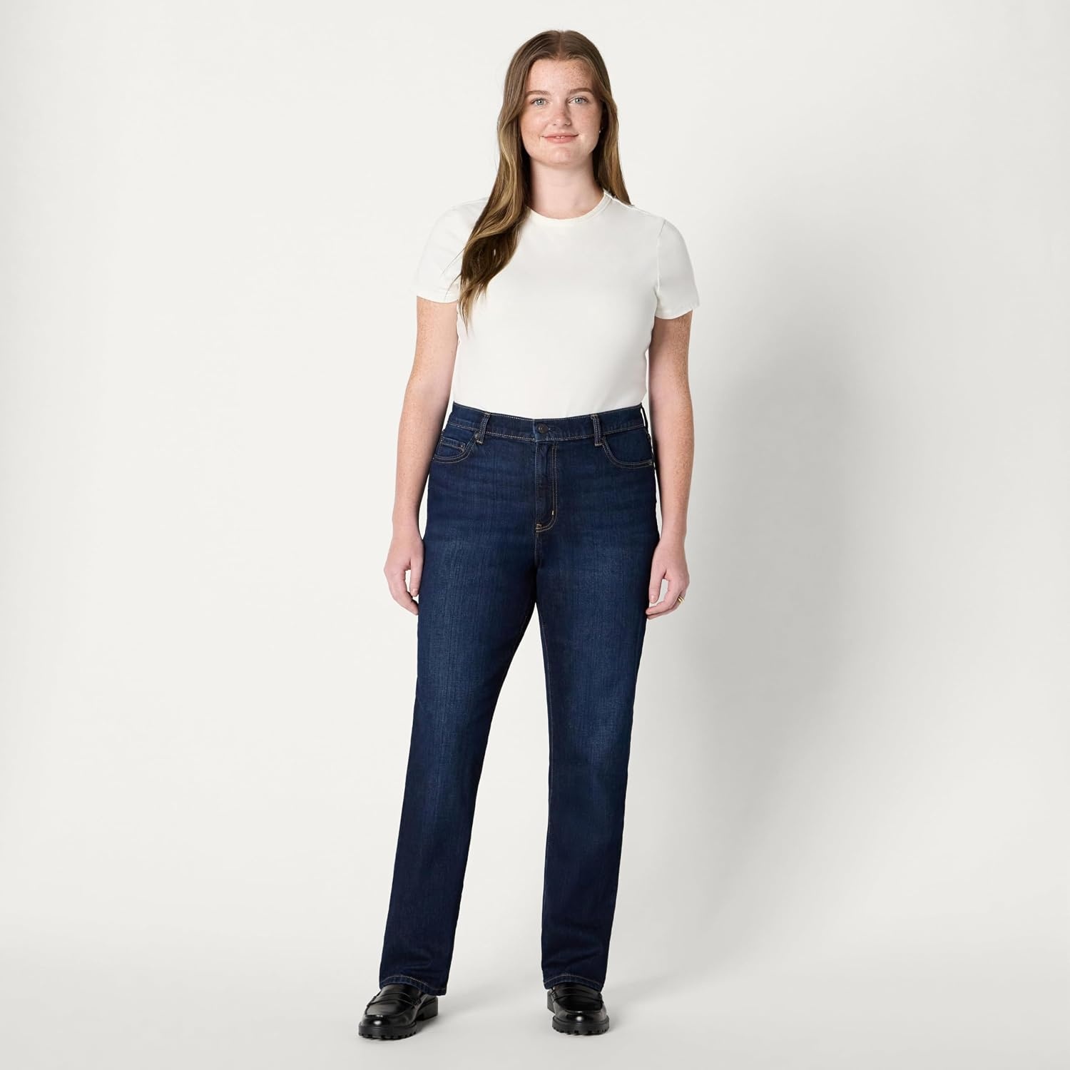 image:imageAmazon Essentials Womens Medium Stretch SlimFit MidRise Straight Leg JeansDark Wash