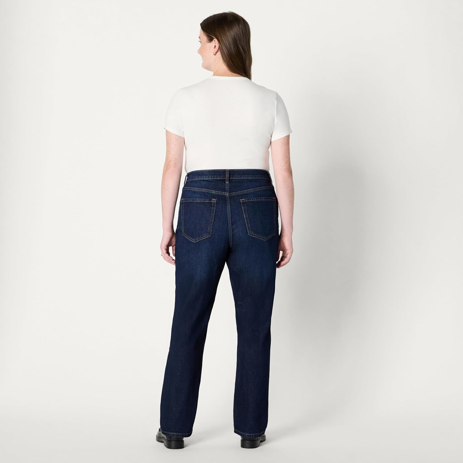 image:imageAmazon Essentials Womens Medium Stretch SlimFit MidRise Straight Leg JeansDark Wash
