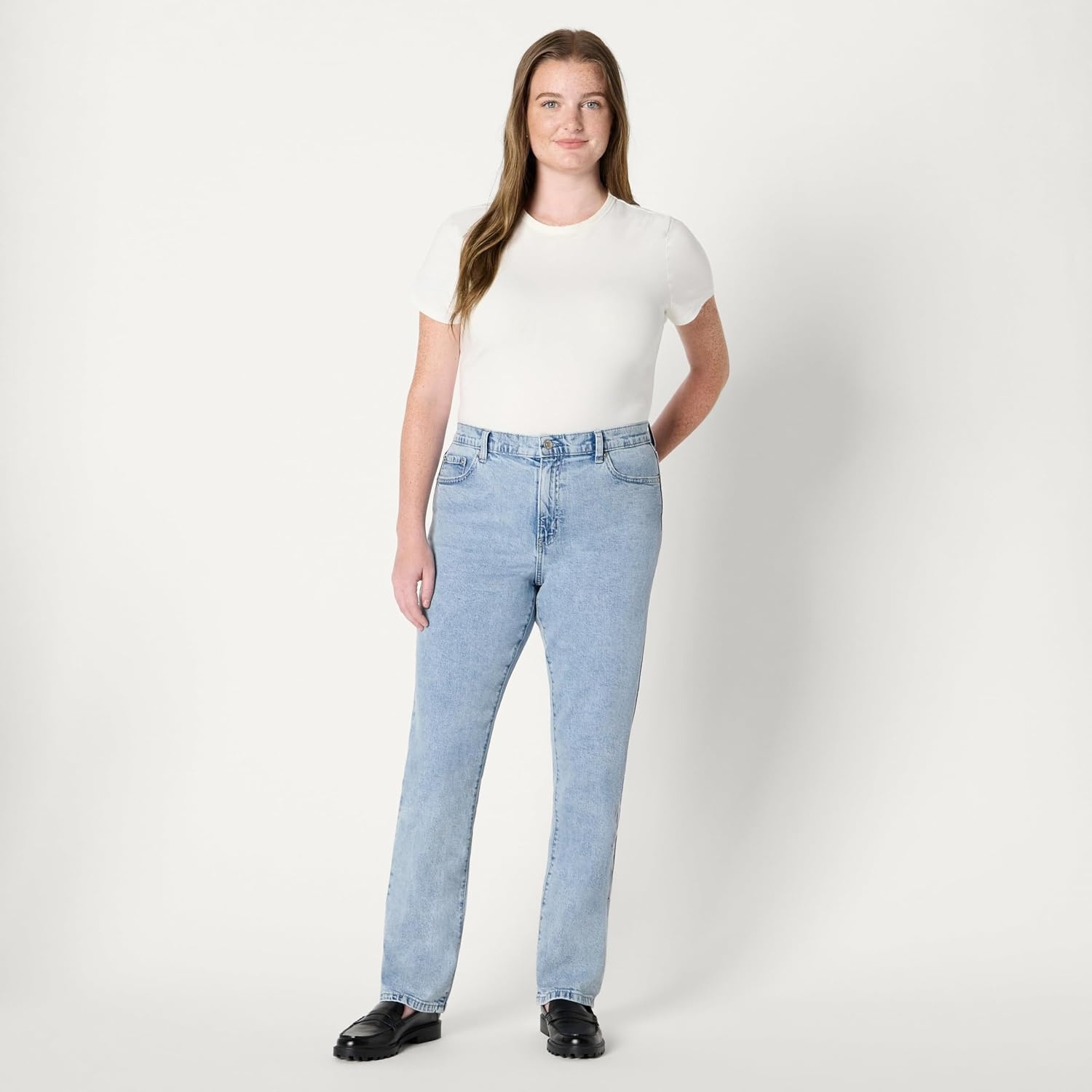 image:imageAmazon Essentials Womens Medium Stretch SlimFit MidRise Straight Leg JeansIced Blue Light Wash