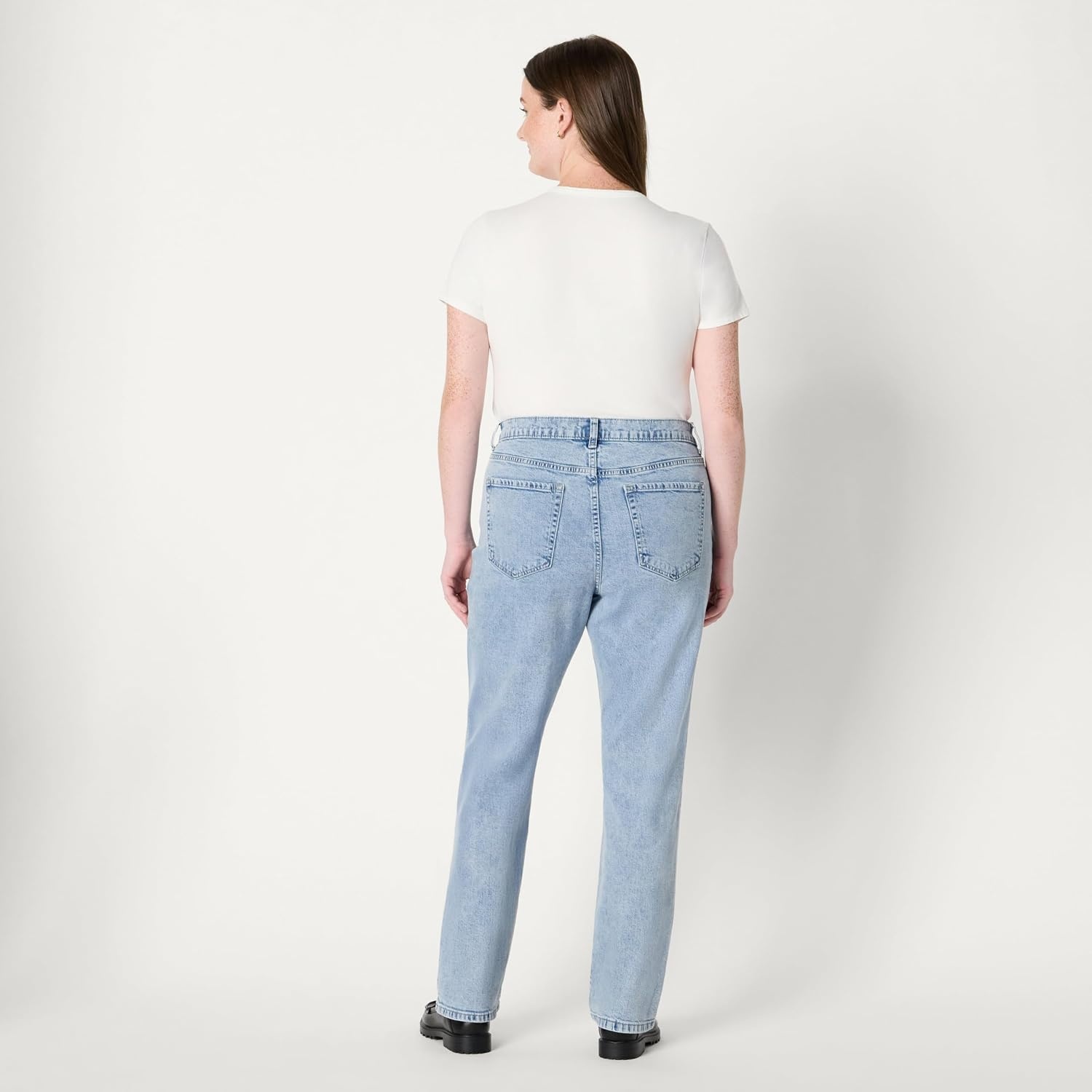 image:imageAmazon Essentials Womens Medium Stretch SlimFit MidRise Straight Leg JeansIced Blue Light Wash