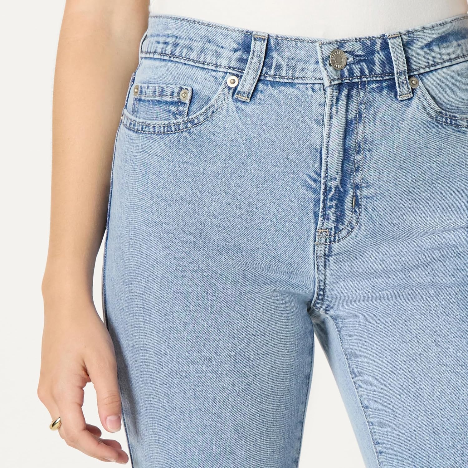 image:imageAmazon Essentials Womens Medium Stretch SlimFit MidRise Straight Leg JeansIced Blue Light Wash