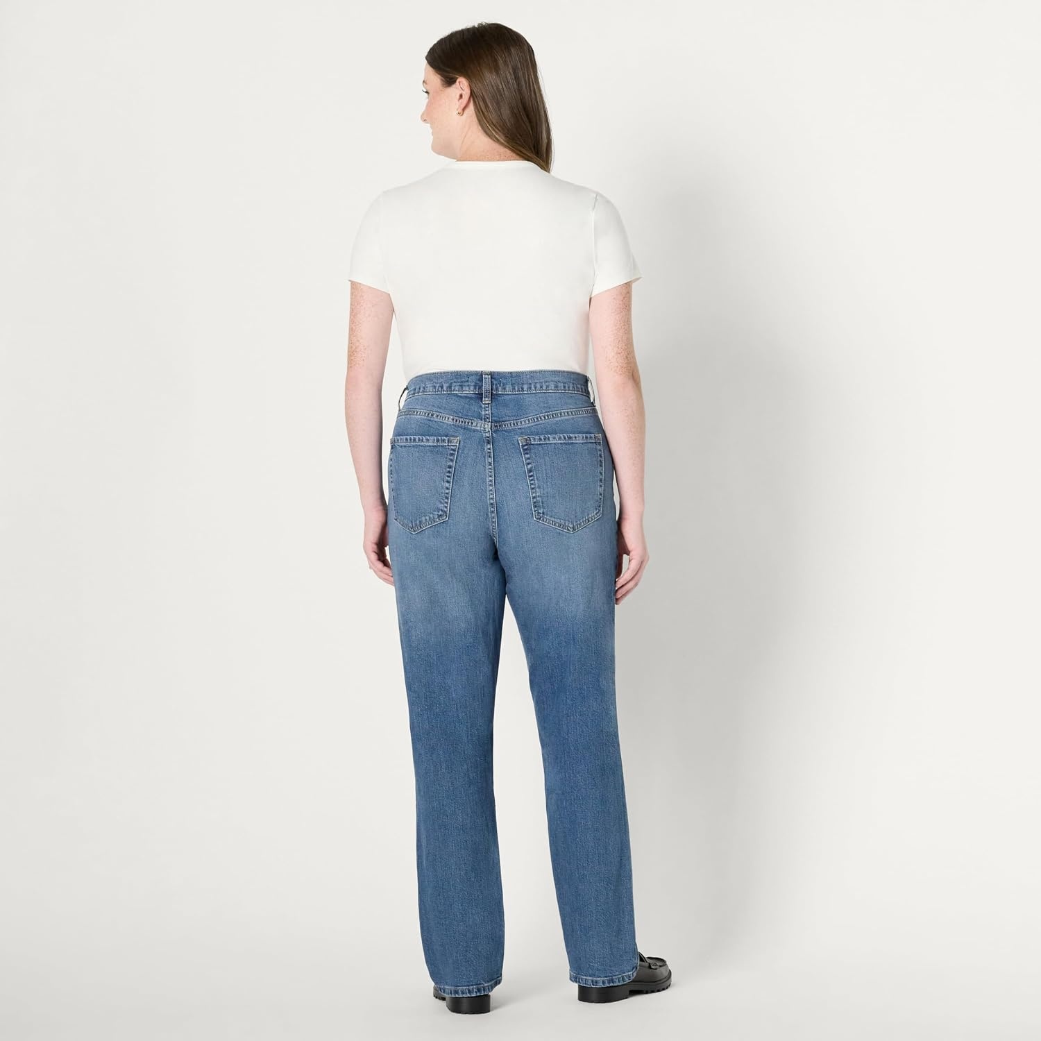 image:imageAmazon Essentials Womens Medium Stretch SlimFit MidRise Straight Leg JeansMedium Blue Vintage
