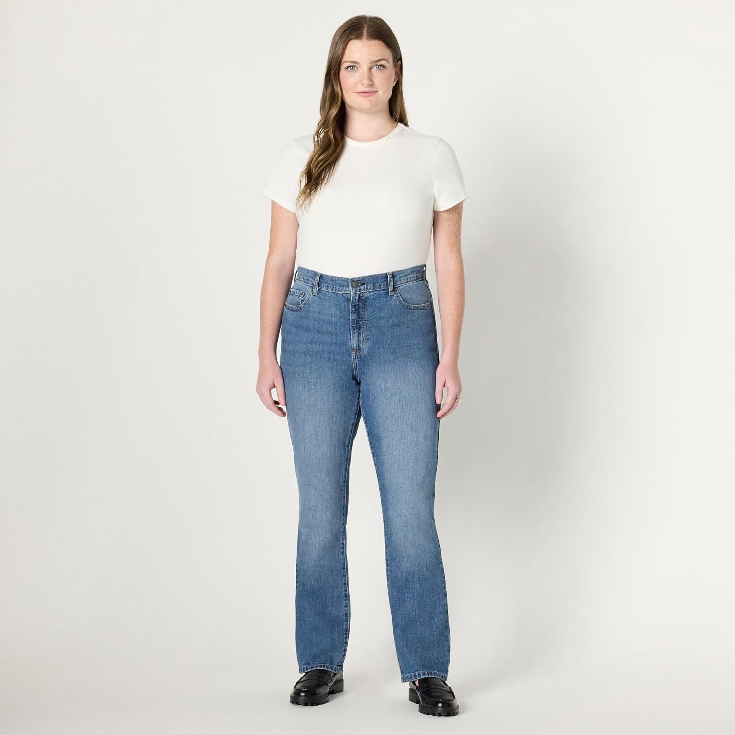 image:imageAmazon Essentials Womens Medium Stretch SlimFit MidRise Straight Leg JeansMedium Blue Vintage