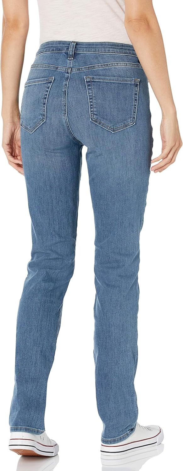 image:imageAmazon Essentials Womens Mid Rise Slim Straight Stretch Denim Jeans Discontinued ColorsNew Light Wash