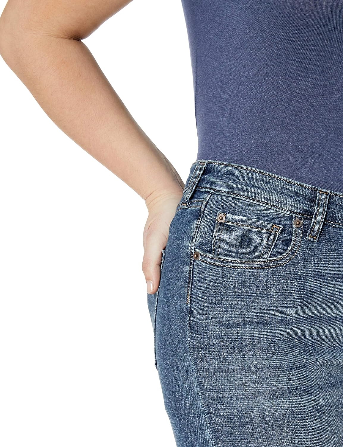 image:imageAmazon Essentials Womens Mid Rise Slim Straight Stretch Denim Jeans Discontinued ColorsNew Light Wash