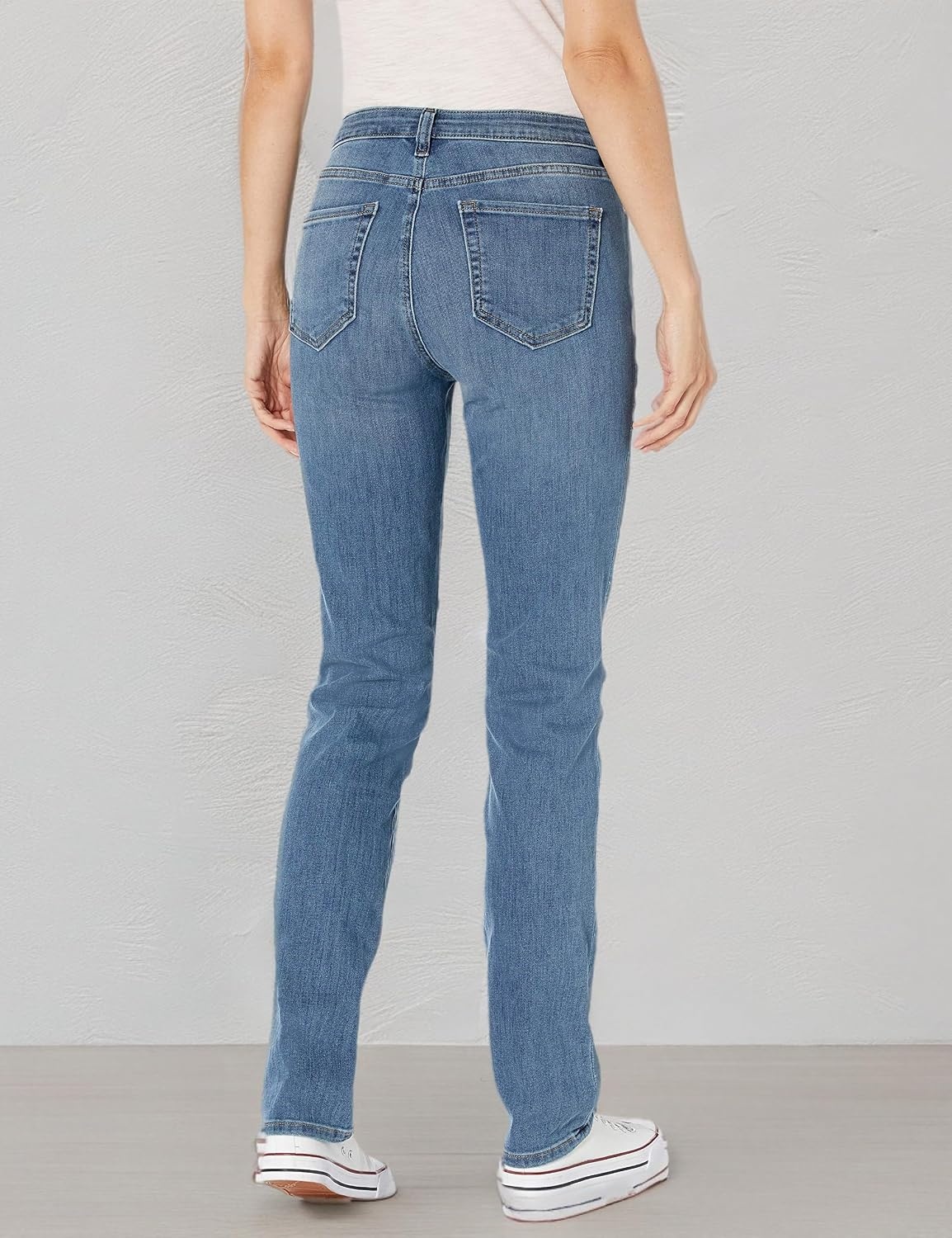 image:imageAmazon Essentials Womens Mid Rise Slim Straight Stretch Denim Jeans Discontinued ColorsNew Light Wash