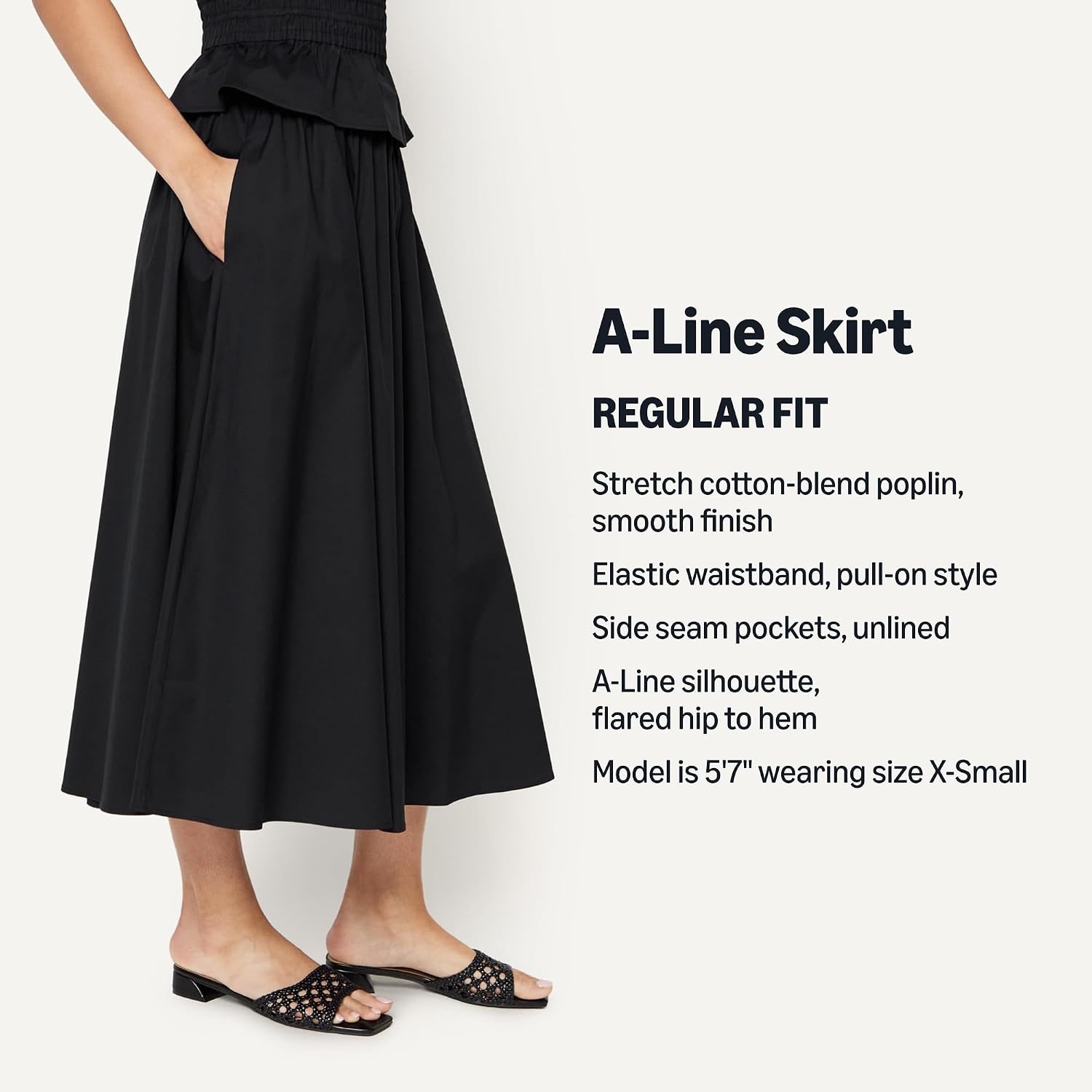 image:imageAmazon Essentials Womens MidRise ALine Cotton Stretch Poplin Midi Skirt with Elastic WaistBlack