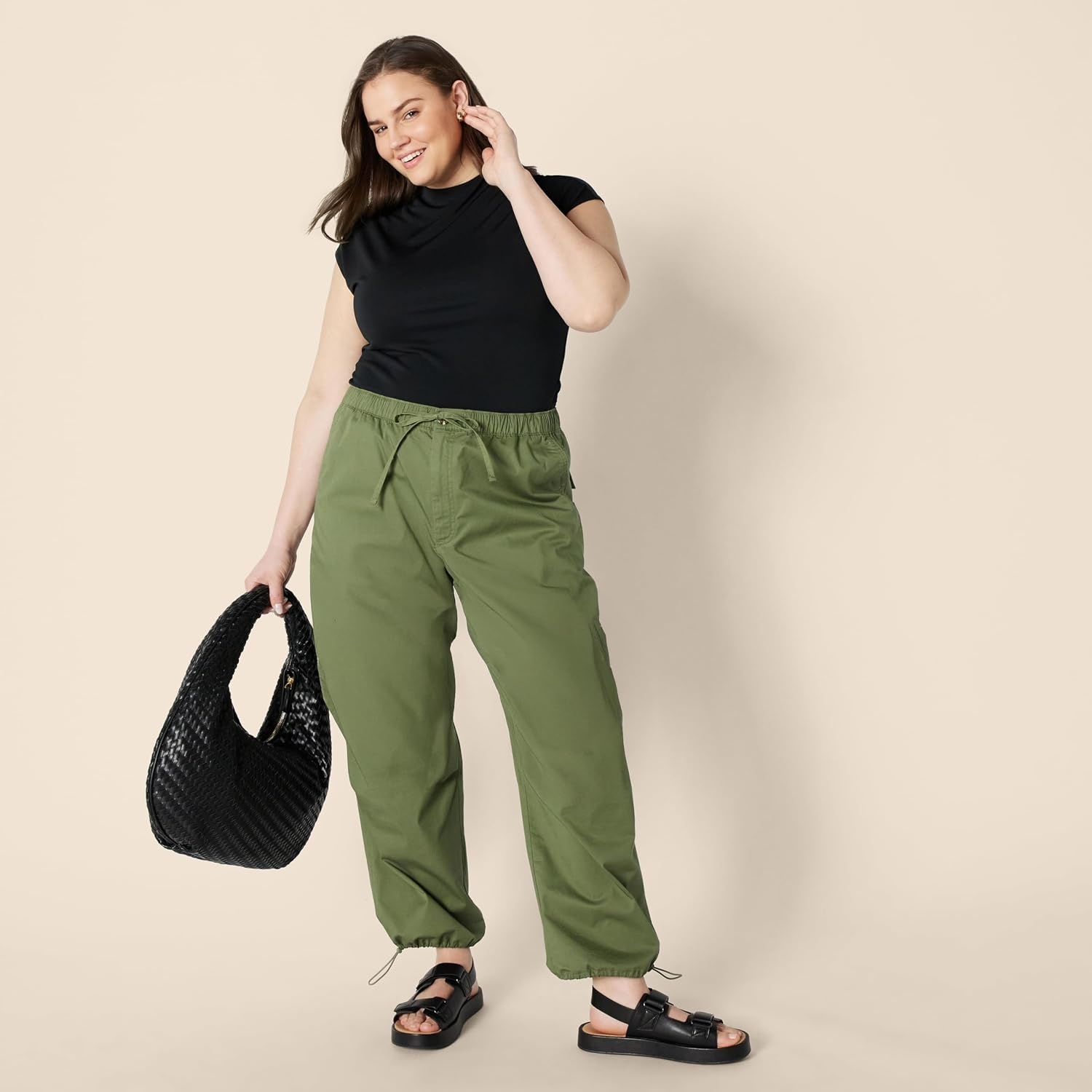 image:imageAmazon Essentials Womens MidRise Baggy LooseFit WideLeg Parachute PantsDark Olive