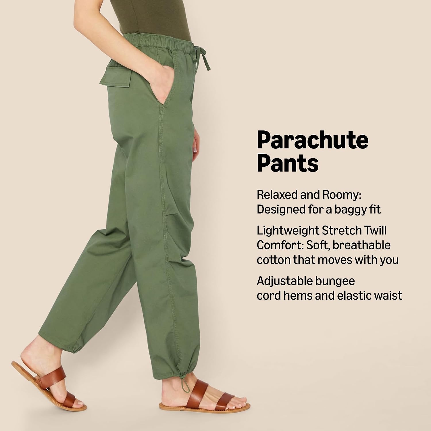 image:imageAmazon Essentials Womens MidRise Baggy LooseFit WideLeg Parachute PantsDark Olive