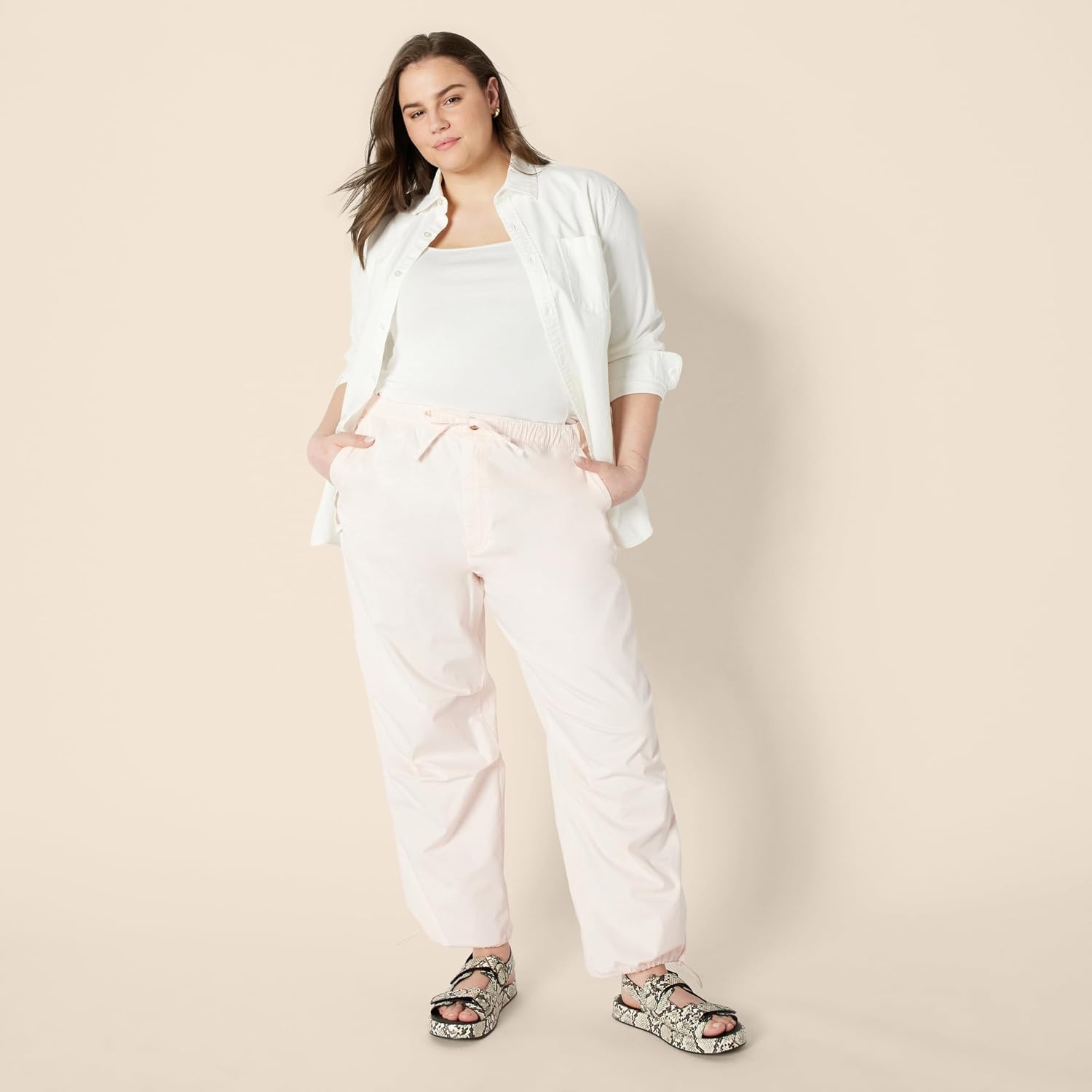 image:imageAmazon Essentials Womens MidRise Baggy LooseFit WideLeg Parachute PantsLight Pink