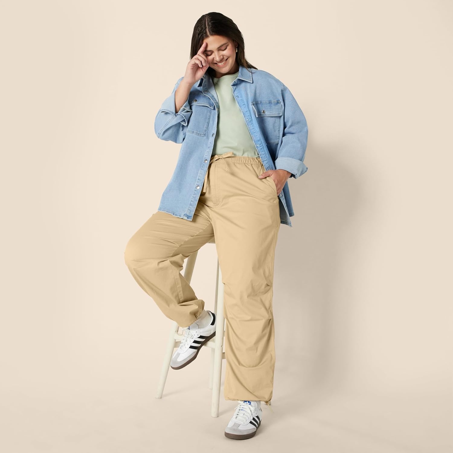 image:imageAmazon Essentials Womens MidRise Baggy LooseFit WideLeg Parachute PantsTan