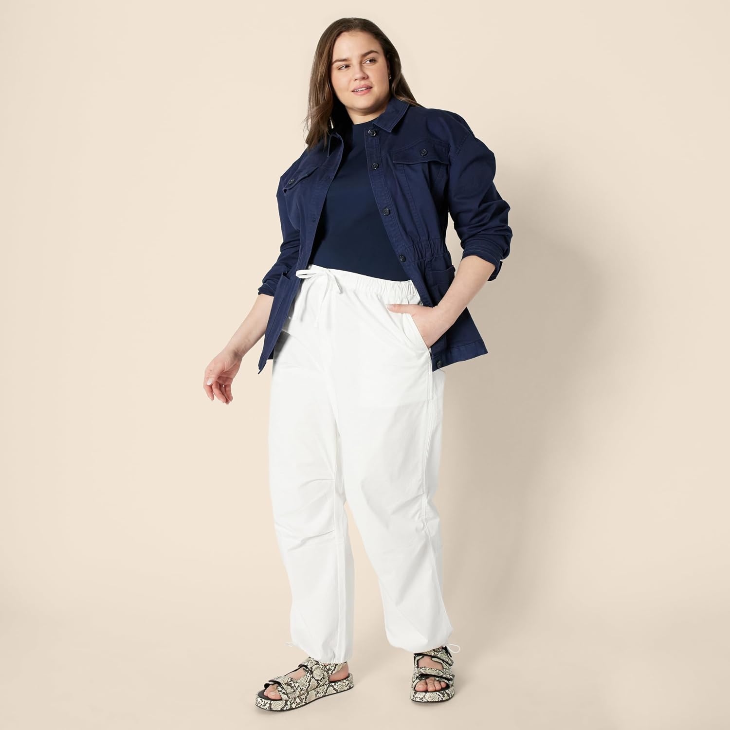 image:imageAmazon Essentials Womens MidRise Baggy LooseFit WideLeg Parachute PantsWhite
