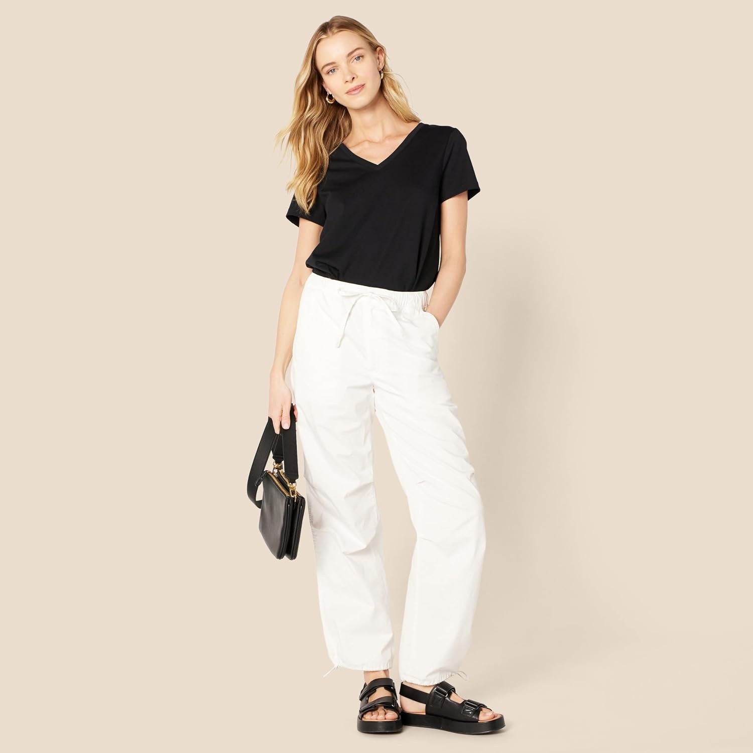 image:imageAmazon Essentials Womens MidRise Baggy LooseFit WideLeg Parachute PantsWhite
