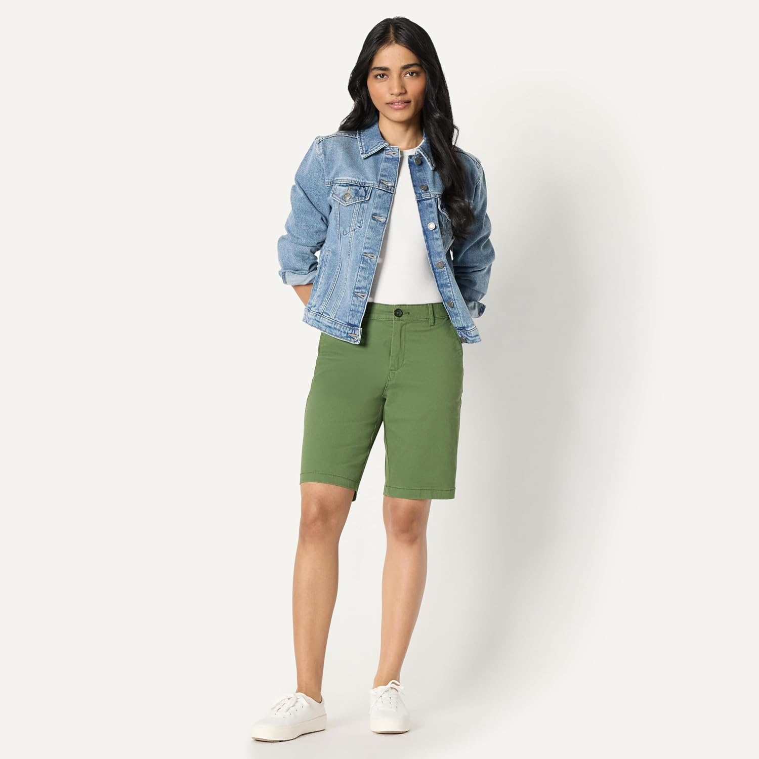 image:imageAmazon Essentials Womens MidRise SlimFit 10 Inseam Bermuda Chino ShortsDark Olive